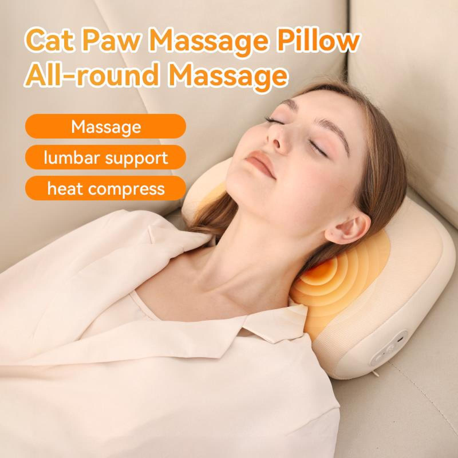 Eine Frau liegt auf einem Massagekissen. Der Text oben lautet 'Cat Paw Massage Pillow'. Das Kissen hat orangefarbene Heizkreise.