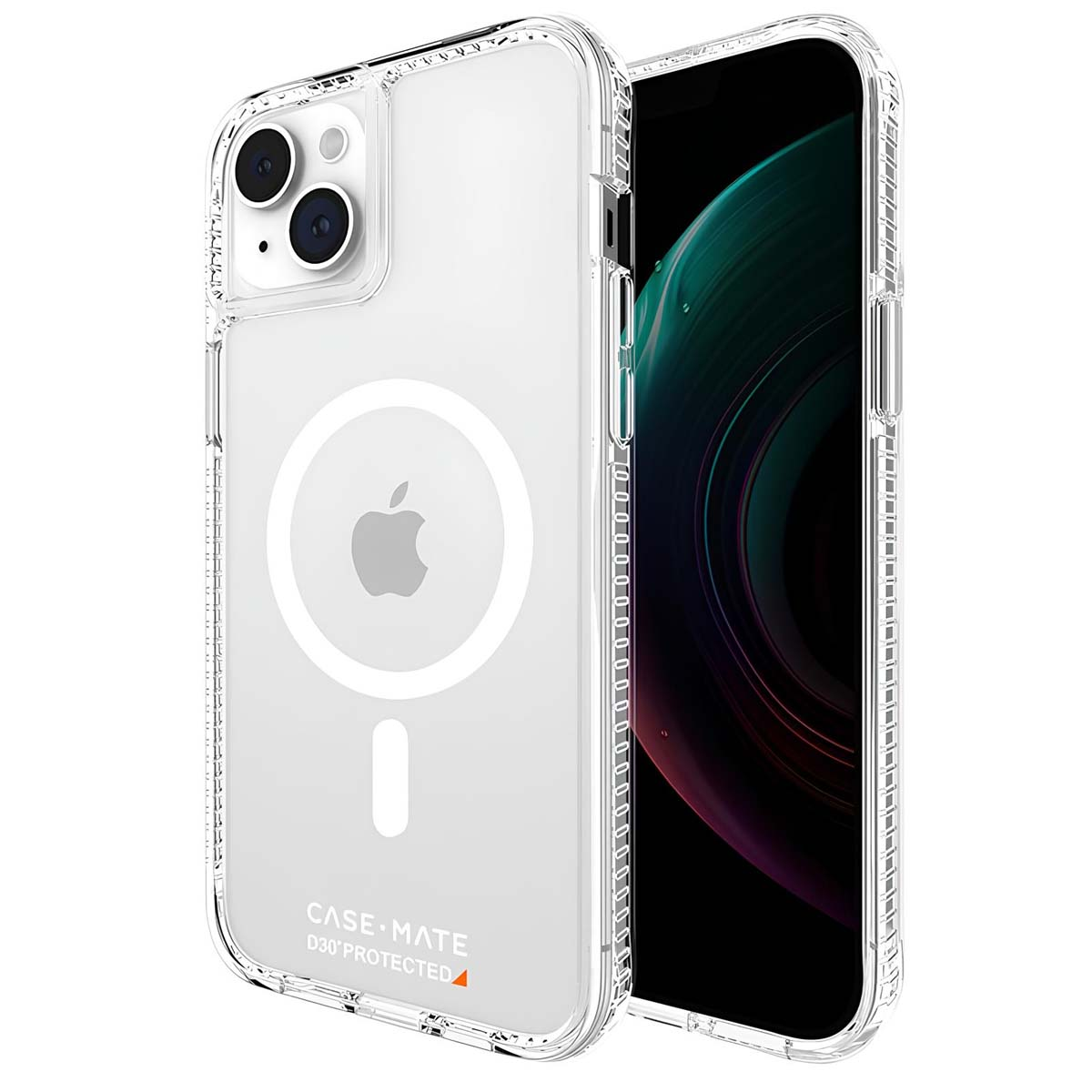 Custodia trasparente per iPhone con anello MagSafe integrato, logo Apple e schermo del telefono visibile. La custodia ha un logo Case Mate.
