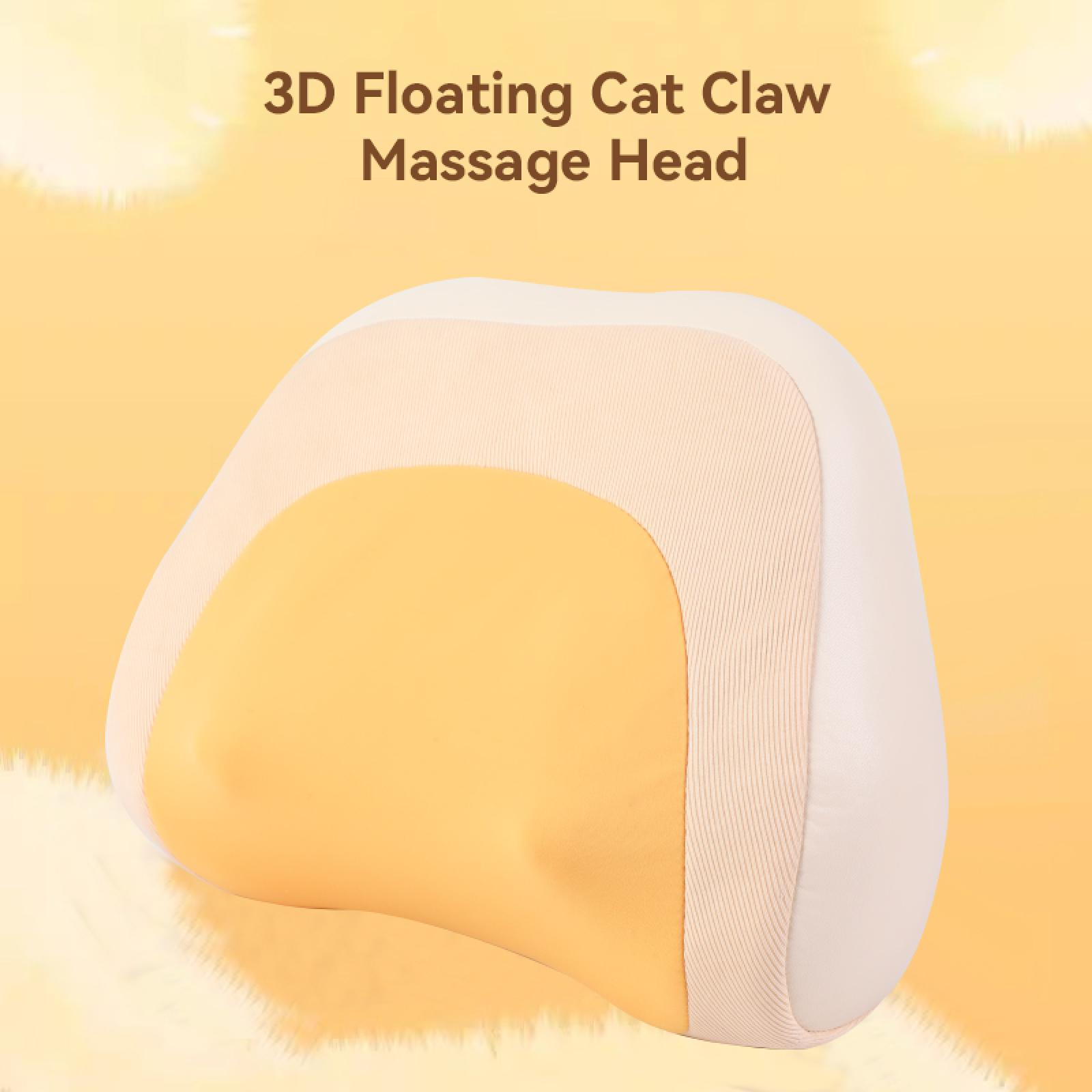 Ein 3D-schwebender Katzenkrallen-Massagekopf. Er hat ein gelbes und weißes Design auf gelbem Hintergrund.