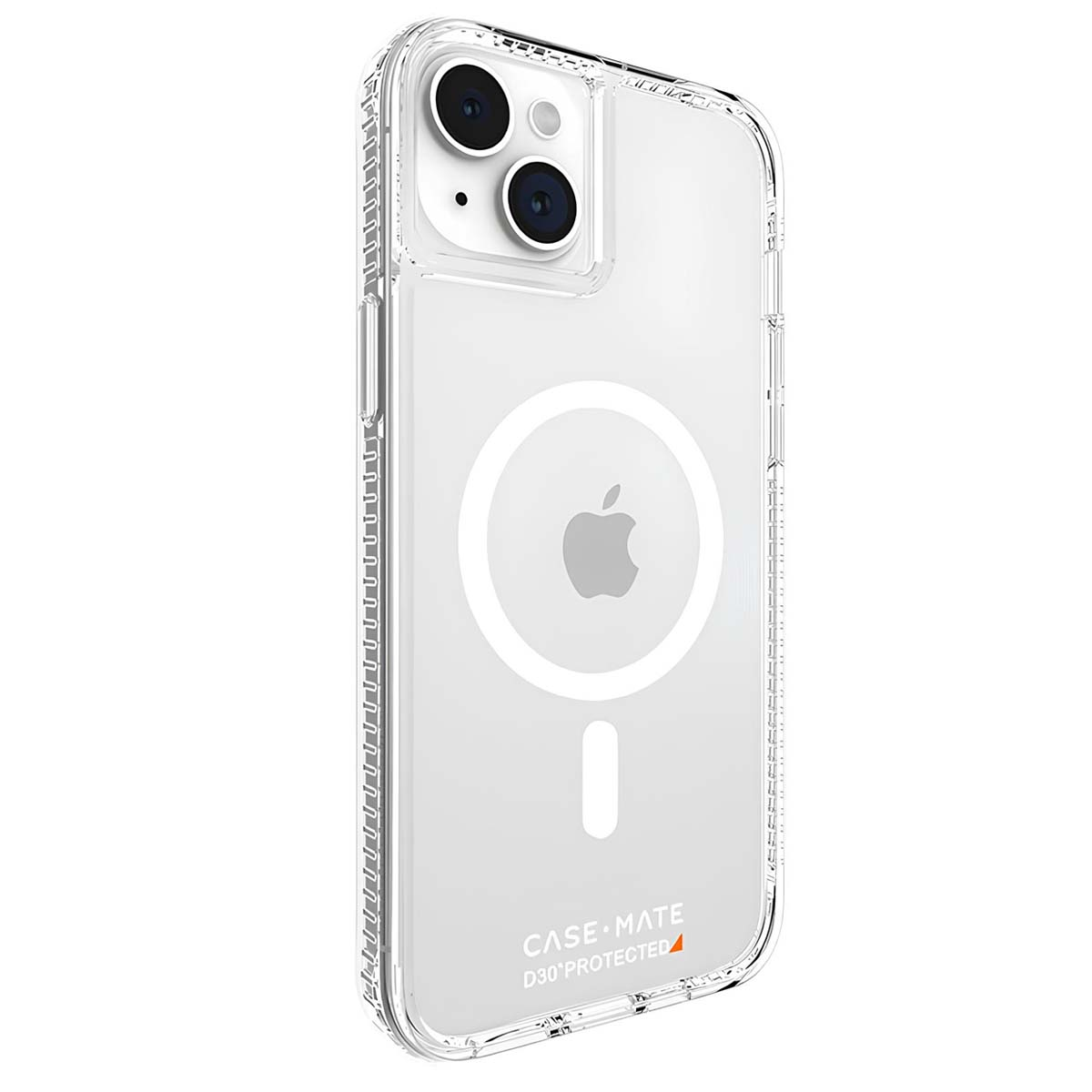 Una custodia trasparente per iPhone con un anello magnetico circolare e un logo Apple. La custodia ha il logo Case-Mate e protegge la fotocamera.