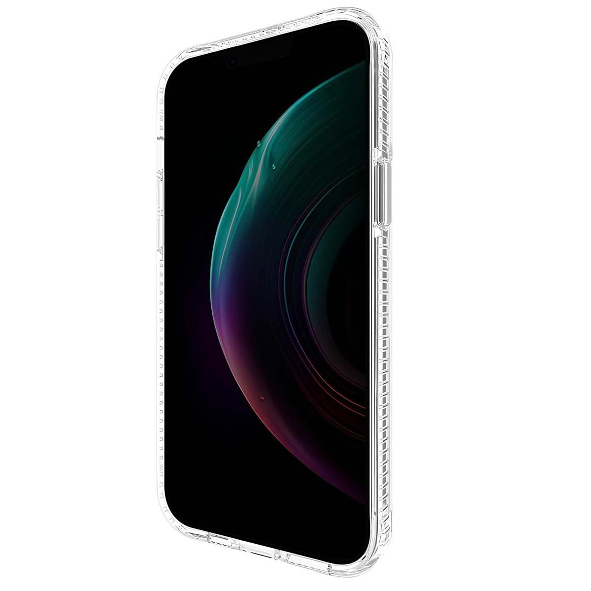 Un iPhone in una custodia trasparente, leggermente angolato. Lo schermo mostra un design scuro e astratto con sfumature verdi e viola.
