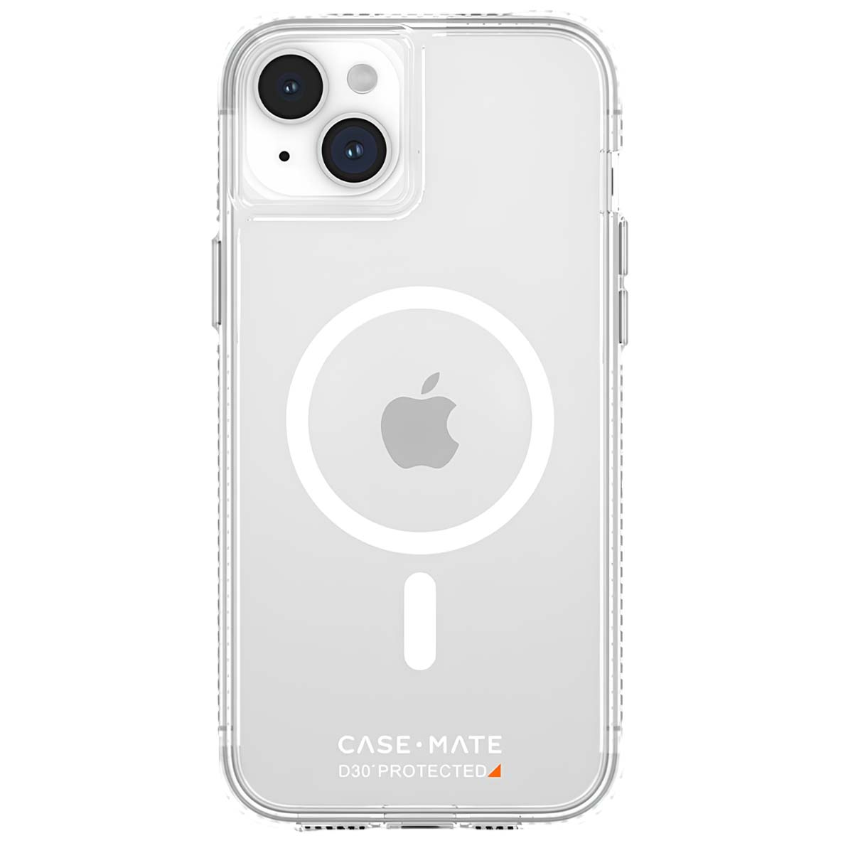 Custodia trasparente per iPhone con logo Apple, lenti della fotocamera e marchio Case-Mate. Design trasparente con cerchio magnetico e pulsanti.