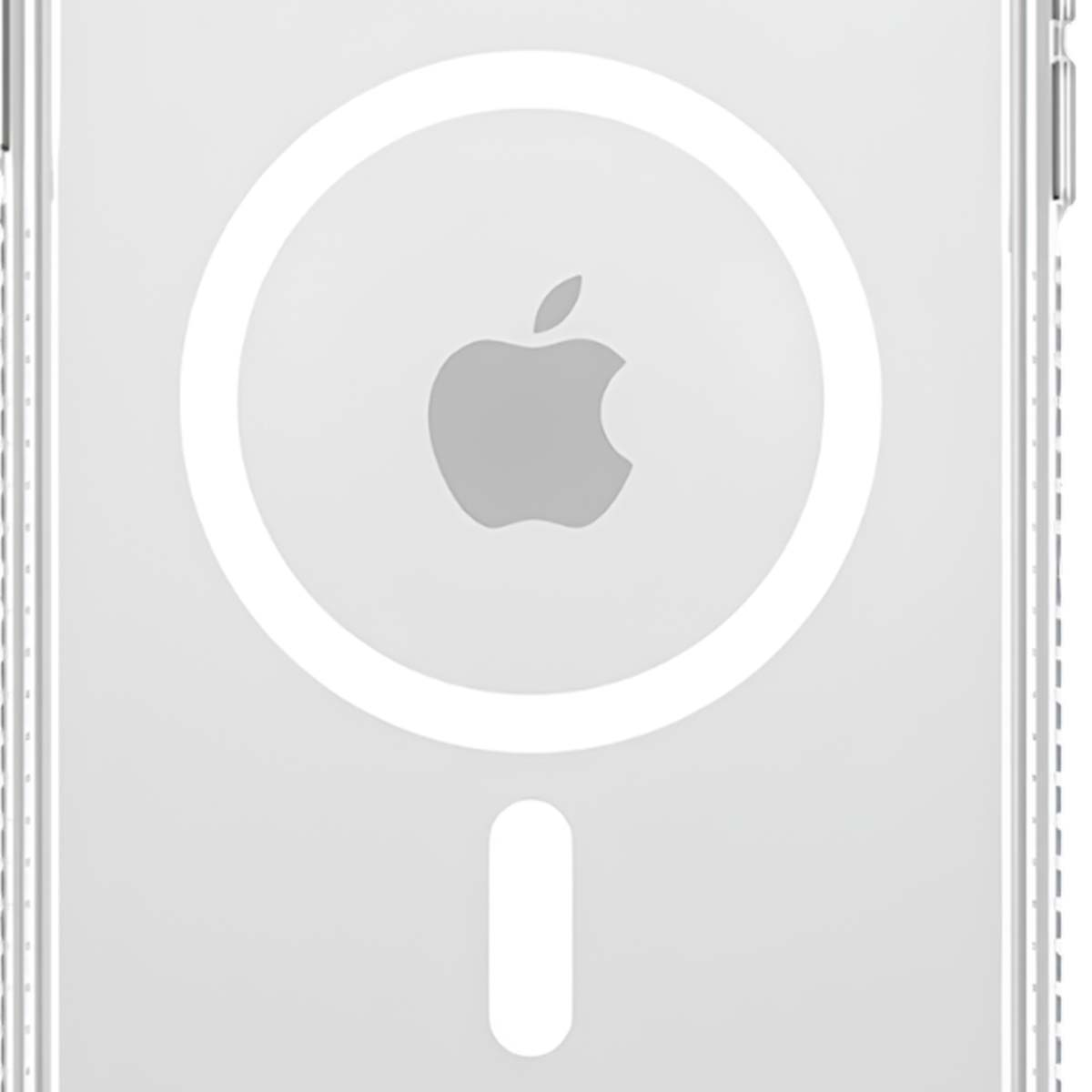 Custodia trasparente per telefono con logo Apple e anello bianco. Una barra bianca in basso.