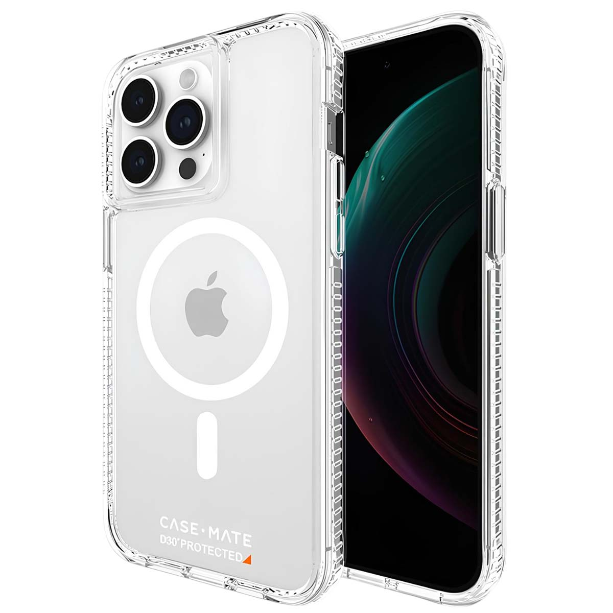 Custodia trasparente per iPhone con retro trasparente. La custodia ha ritagli per la fotocamera e un anello MagSafe con logo Apple. Schermo del telefono visibile.