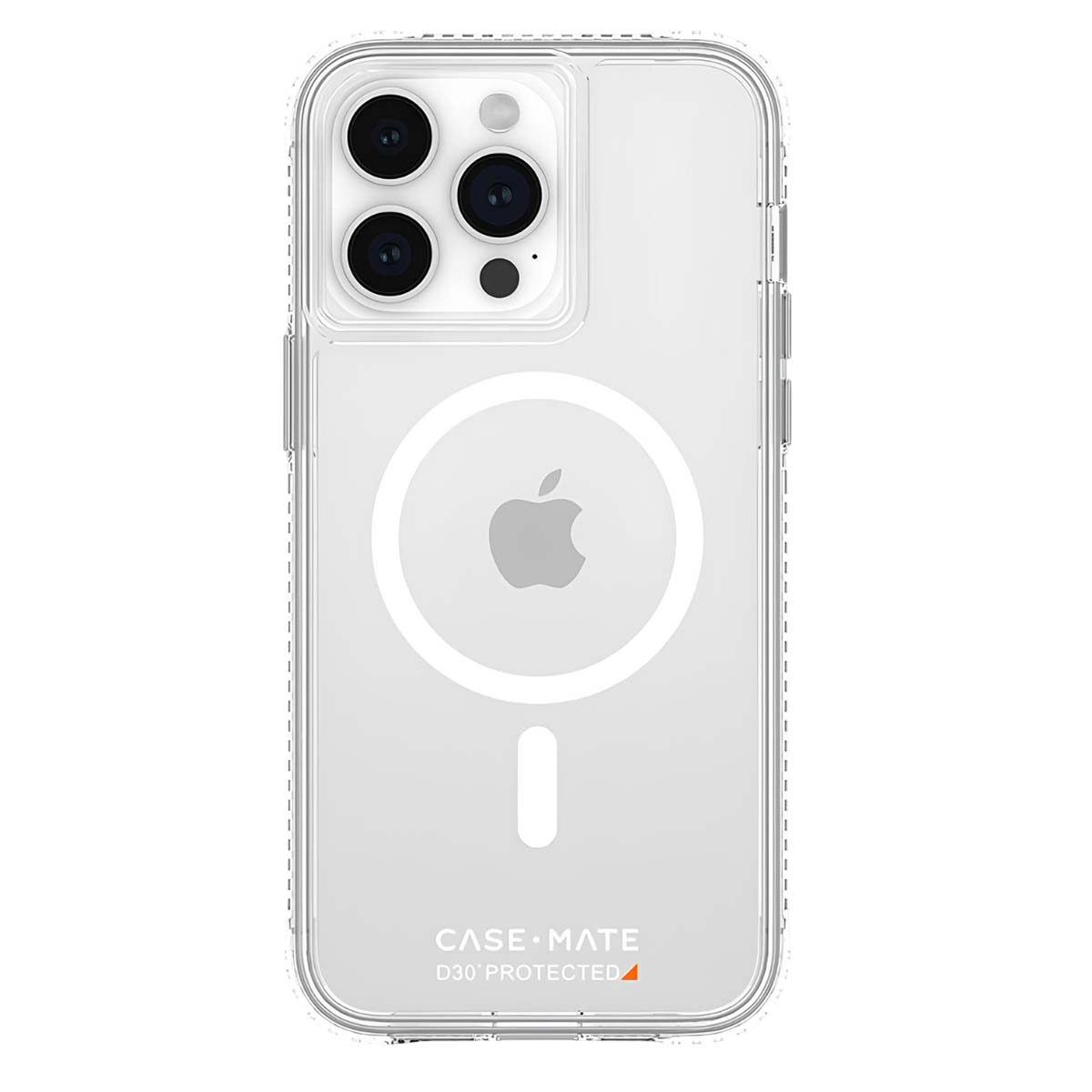 Custodia trasparente per telefono con logo Apple. Ha una fotocamera con tre obiettivi e il marchio in basso.