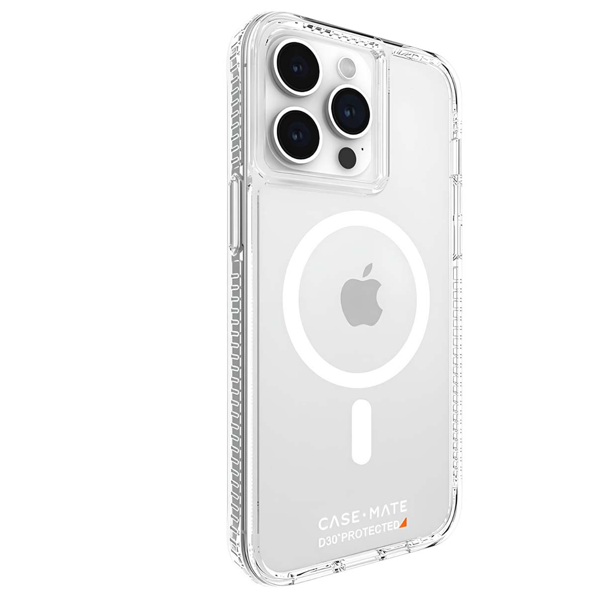 Custodia trasparente con un iPhone. La custodia ha un logo Apple bianco e un logo Case Mate. Il telefono ha tre obiettivi.