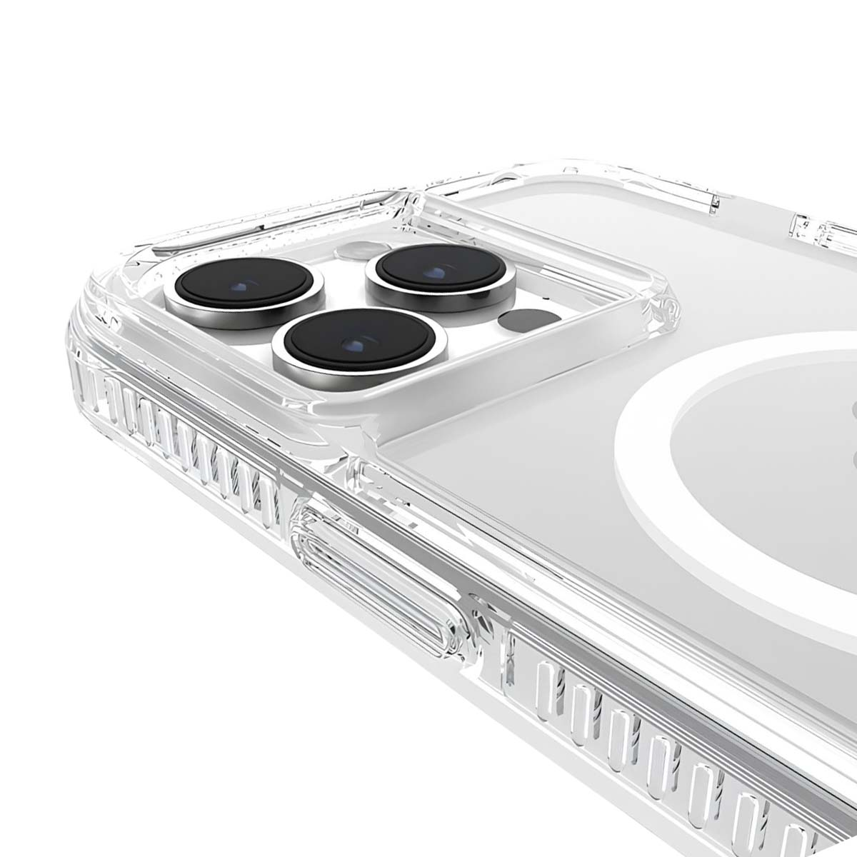 Primo piano di una custodia trasparente per telefono con tre lenti nere. La custodia ha un bordo rialzato e un design circolare bianco.