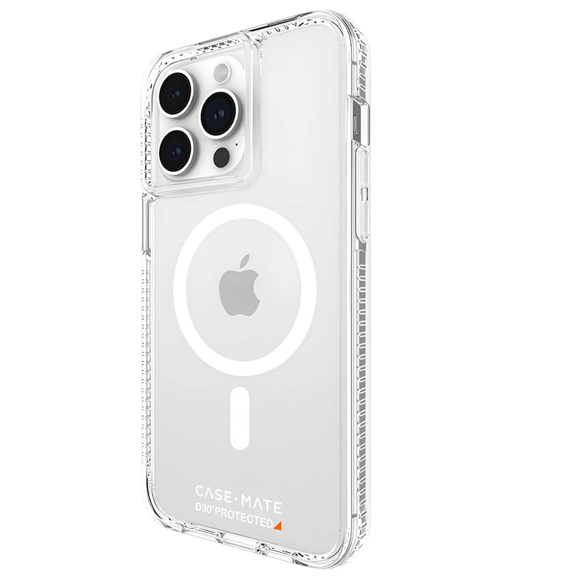 Una custodia trasparente per telefono con logo Apple e ritagli per la fotocamera. La custodia ha un logo Case-Mate e D3O Protected.