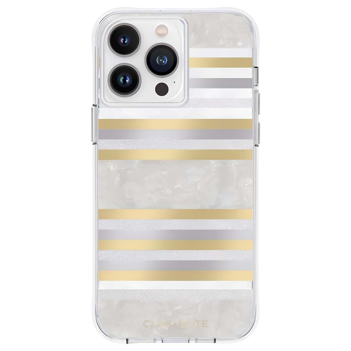 Custodia trasparente per telefono con strisce orizzontali oro, argento e bianche. La custodia ha un ritaglio per la fotocamera con tre lenti.