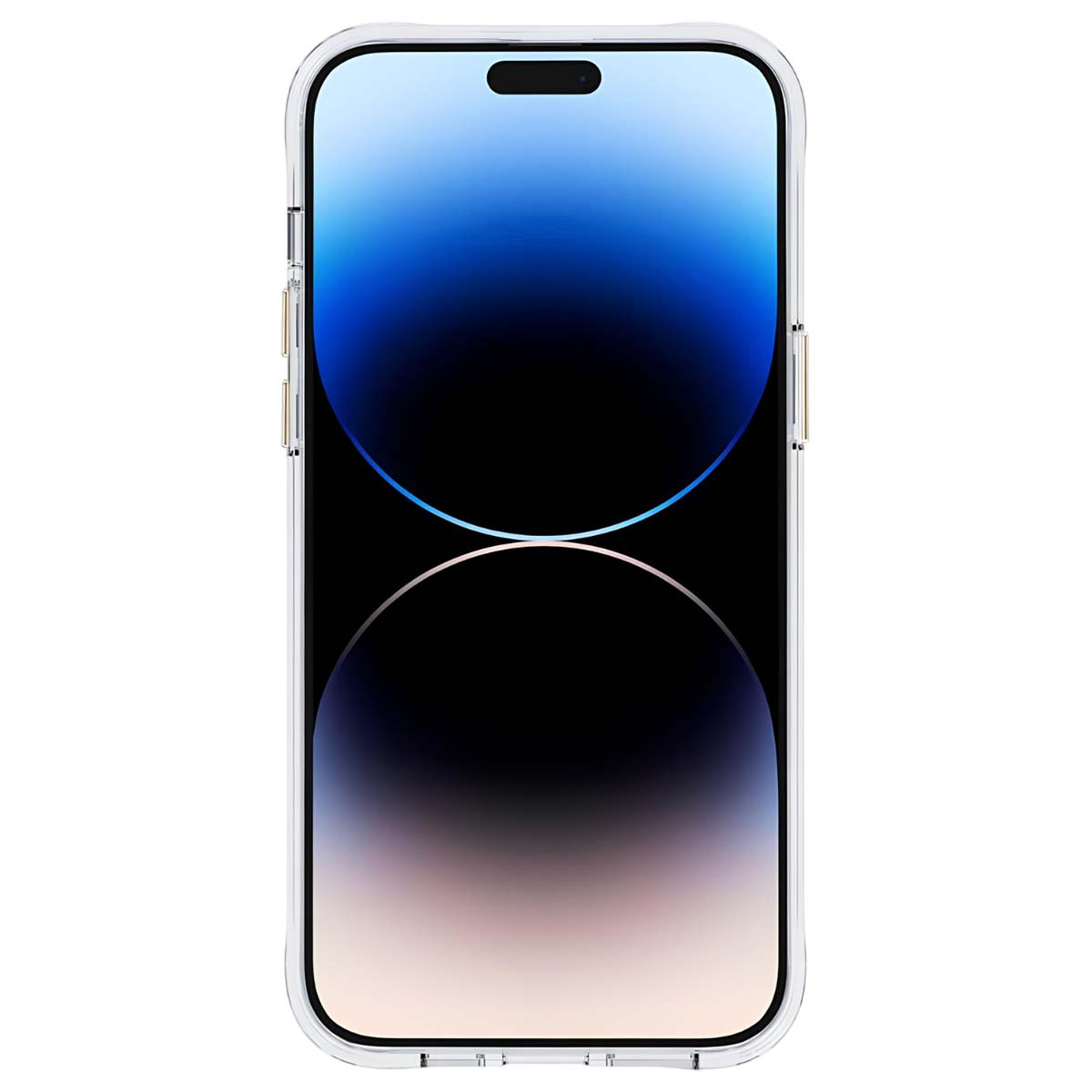 Un iPhone in una custodia trasparente. Lo schermo mostra una sfumatura di colori dal blu al nero. Custodia trasparente con dettagli dorati.