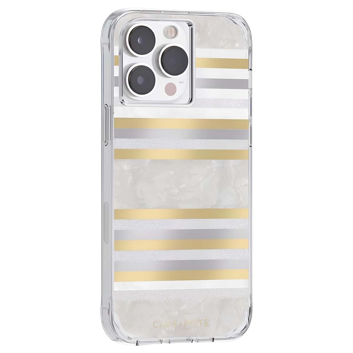 Custodia trasparente per telefono con strisce orizzontali oro, argento e bianche. Le lenti della fotocamera sono visibili in alto. La custodia ha una texture marmorizzata.
