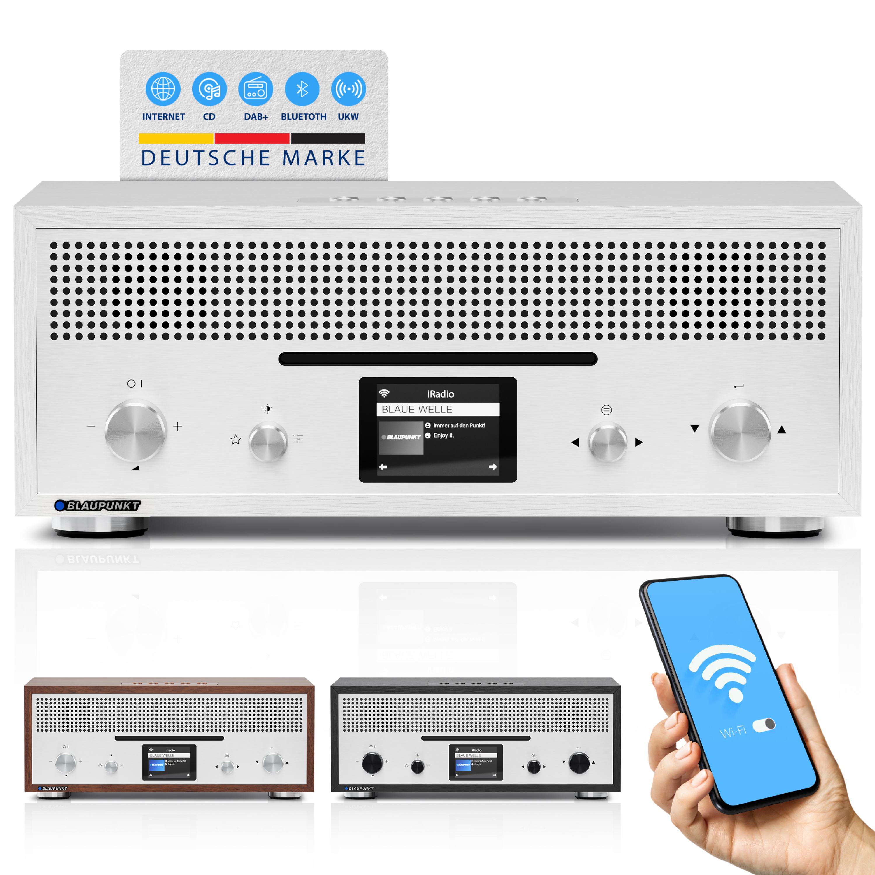 Ein weißes Radio mit Bildschirm zeigt 'iRadio'. Ein Telefon mit WLAN-Symbol wird in der Nähe gehalten. Symbole: Internet, CD, DAB+, Bluetooth, UKW.