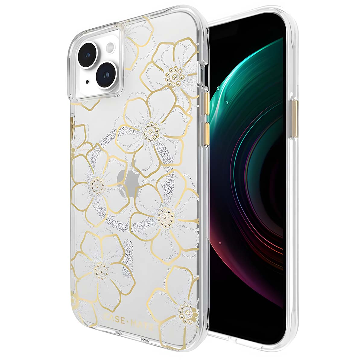 Custodia trasparente per telefono con design floreale dorato su un telefono. La custodia è su un iPhone nero. Lo sfondo è bianco.