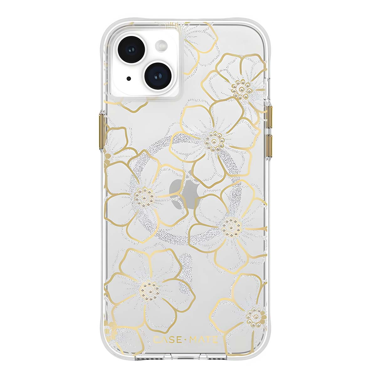 Custodia trasparente per telefono con design floreale dorato. La custodia ha un ritaglio per la fotocamera con due lenti. I fiori sono glitterati.