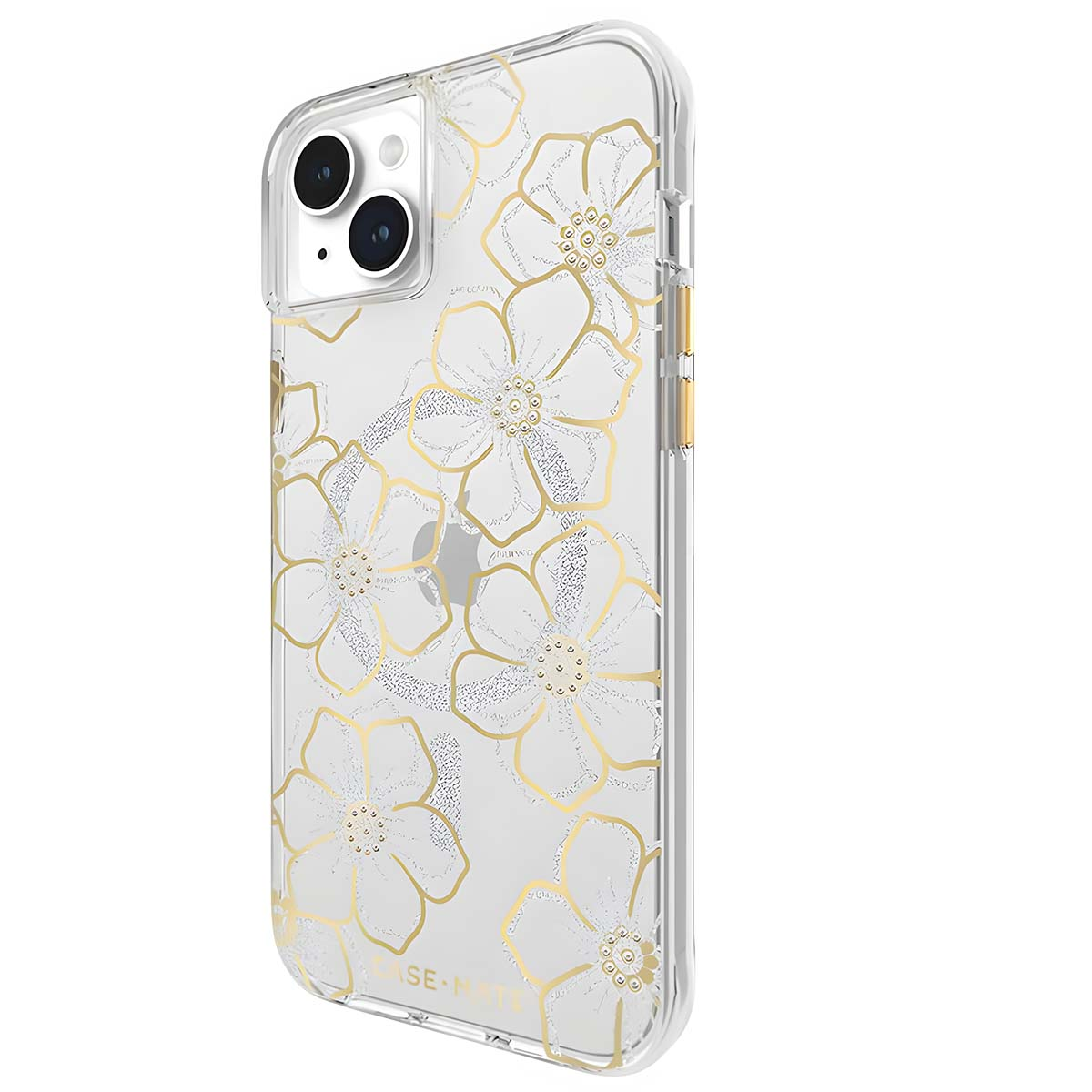 Custodia trasparente per iPhone con design floreale dorato. La custodia ha un paraurti dorato e due obiettivi.