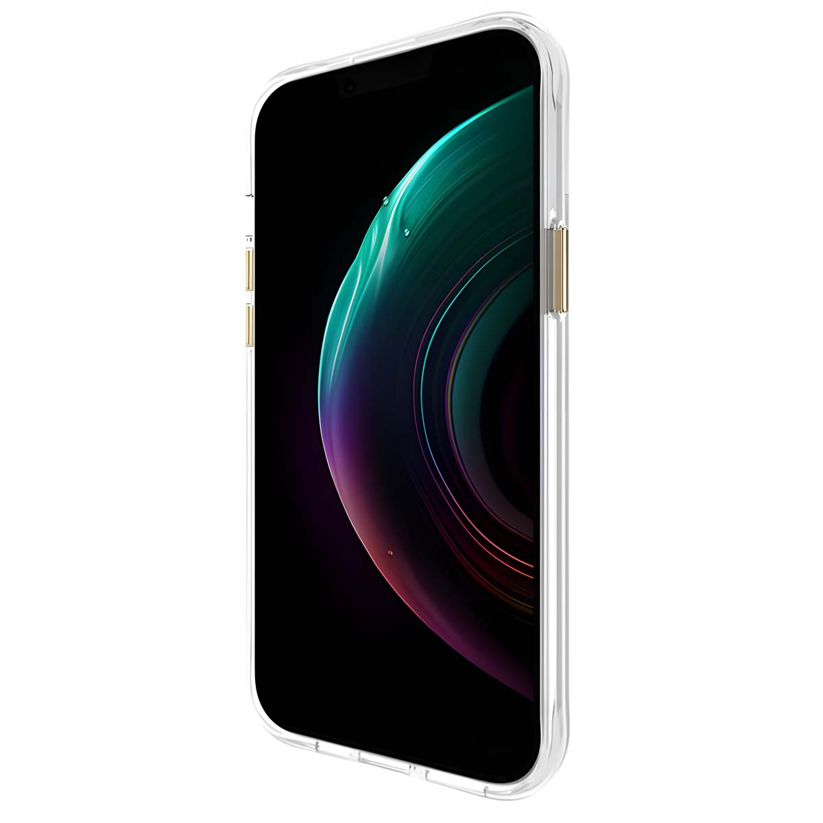 Viene mostrata una custodia trasparente per telefono, che racchiude un telefono con schermo scuro che mostra un design verde e viola. La custodia ha pulsanti dorati.