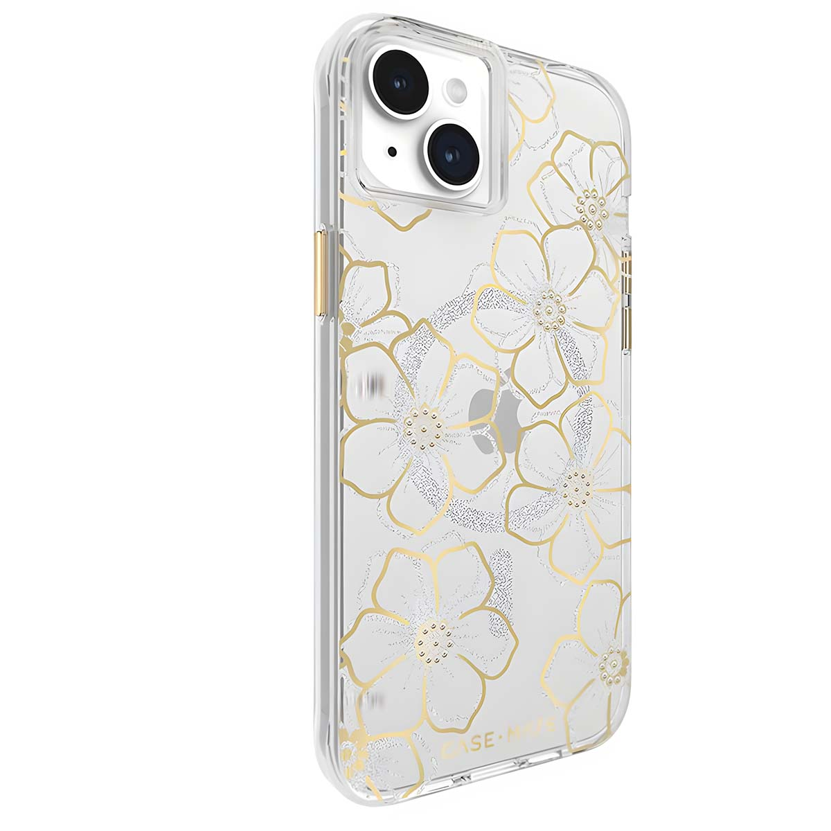 Custodia trasparente per iPhone con design floreale dorato. Il telefono ha due fotocamere. La custodia è su sfondo bianco.