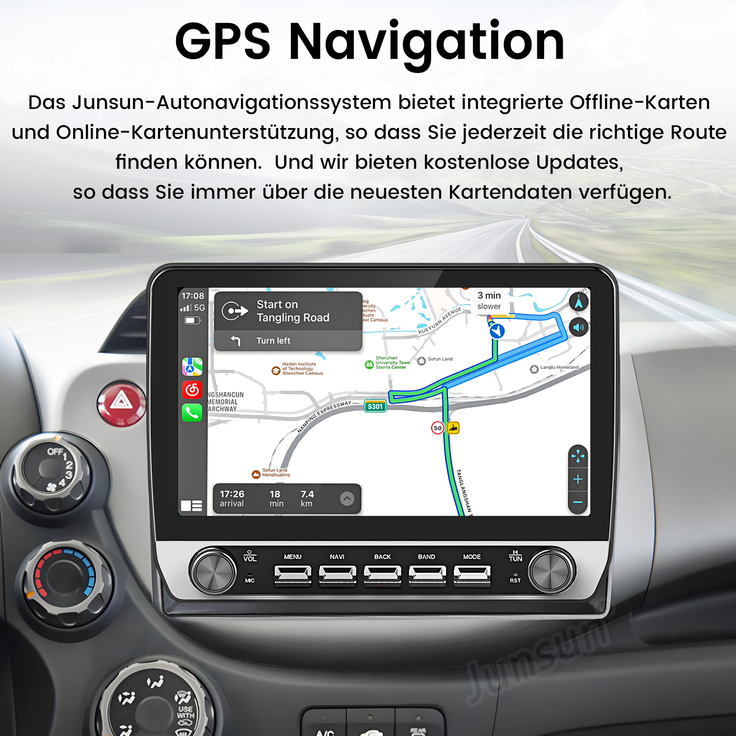 Armaturenbrett mit GPS-Navigation auf dem Bildschirm, zeigt eine Karte mit Routenführung. Knöpfe und Bedienelemente sind sichtbar.