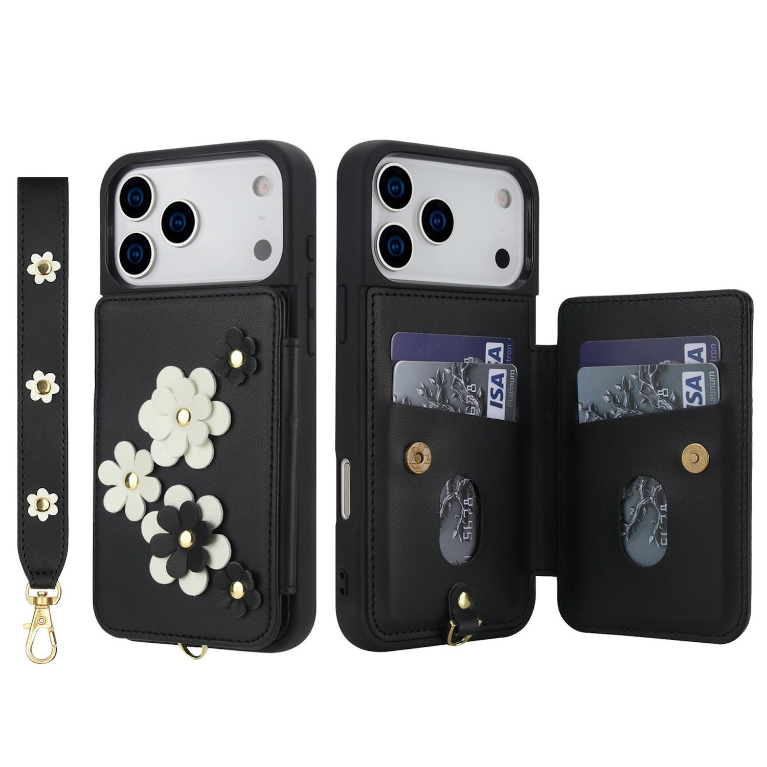 Schwarze Handyhülle mit weißen und schwarzen Blumendetails, einem Riemen mit Blumen und Karten im Inneren. Das Telefon hat eine Kamera.