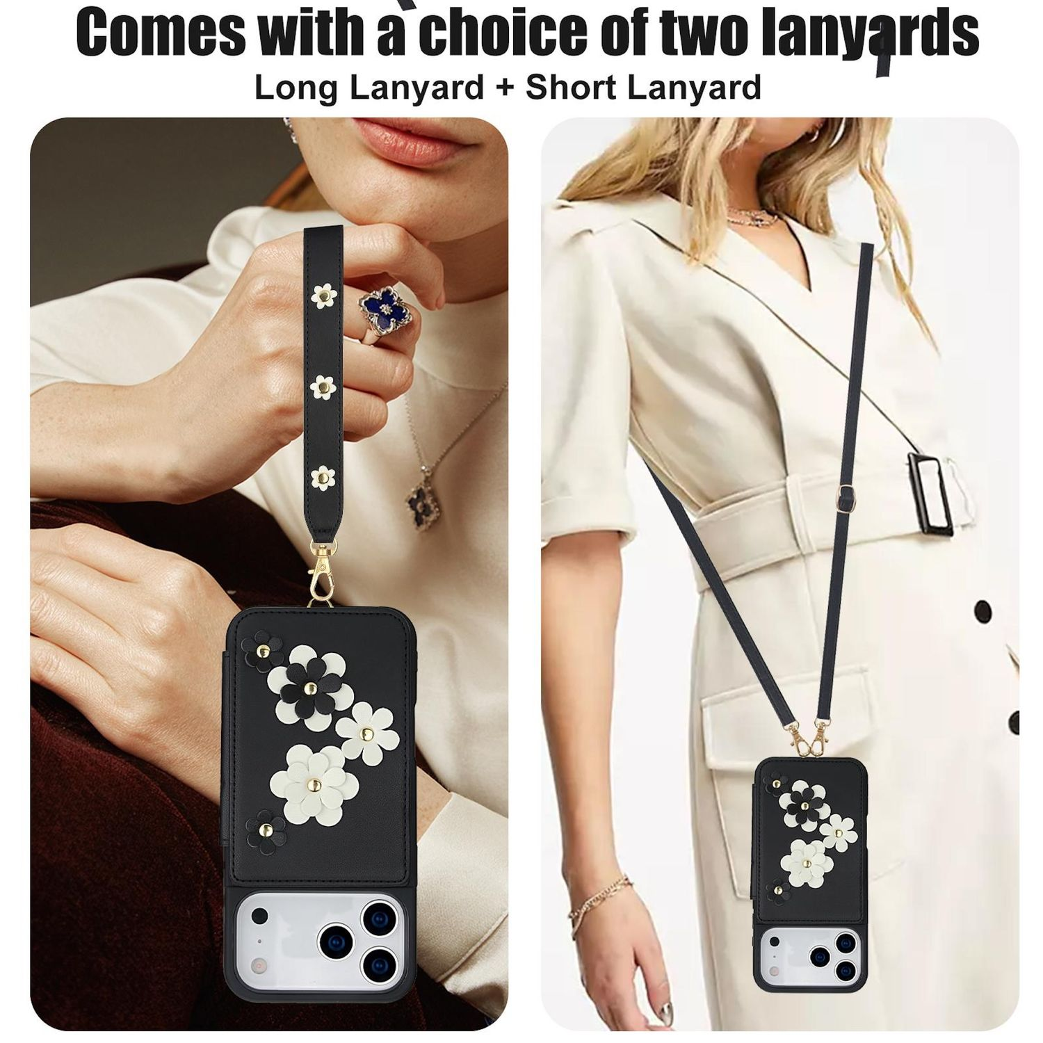 Das Bild zeigt zwei Frauen mit Handyhüllen, die an Lanyards befestigt sind. Das eine Lanyard ist kurz mit floralen Akzenten, das andere lang.