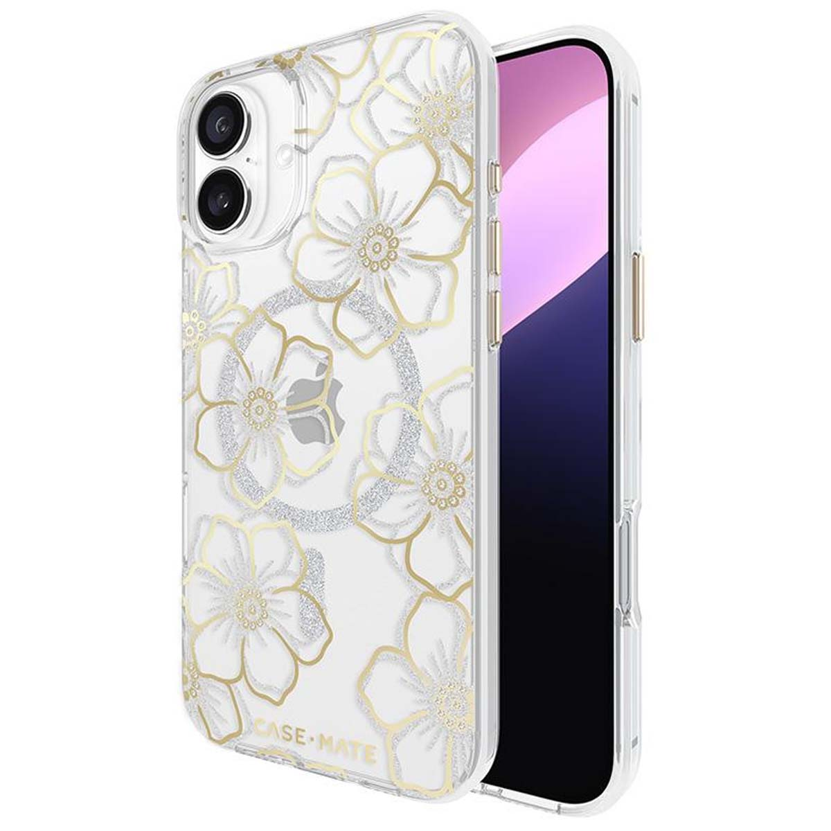 Custodia trasparente per telefono con design floreale. Contorni dorati e glitter. Telefono con schermo rosa e nero.