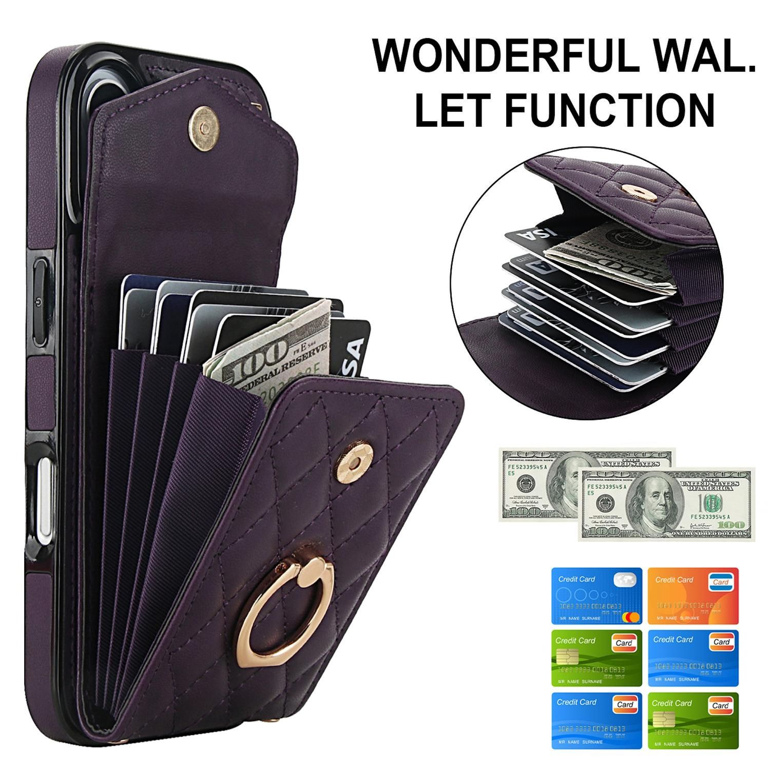 Una funda morada para teléfono con función de billetera, que incluye tarjetas y efectivo. Un soporte de anillo dorado y el texto 'WONDERFUL WAL. LET FUNCTION'.