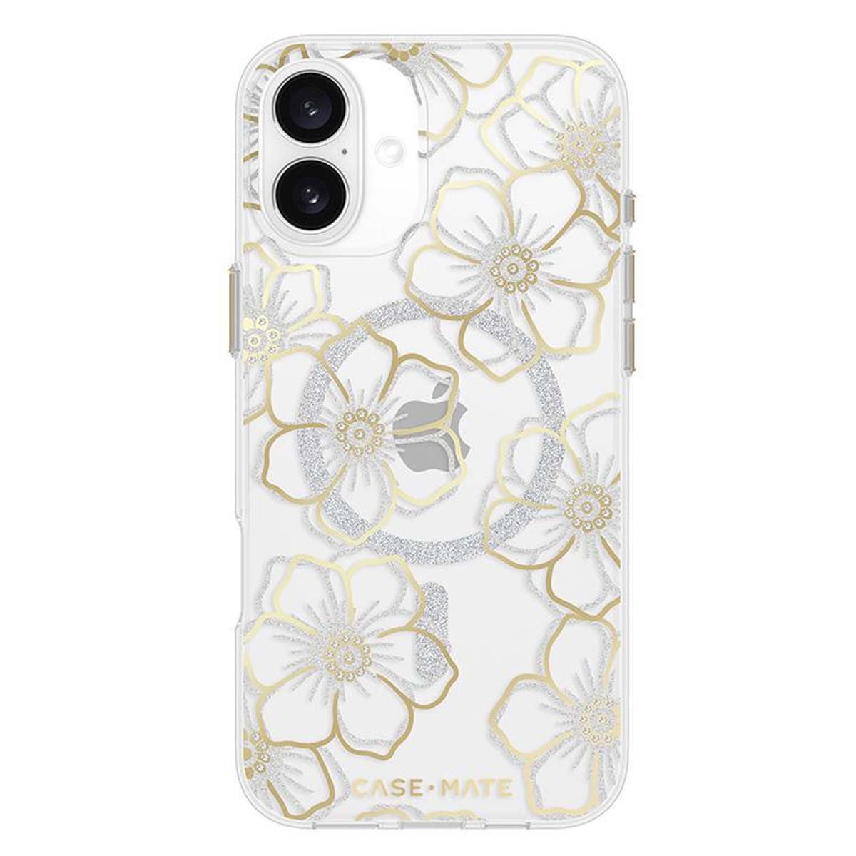 Custodia trasparente per telefono con design floreale dorato e dettagli glitter argento. Contiene un telefono con due fotocamere.