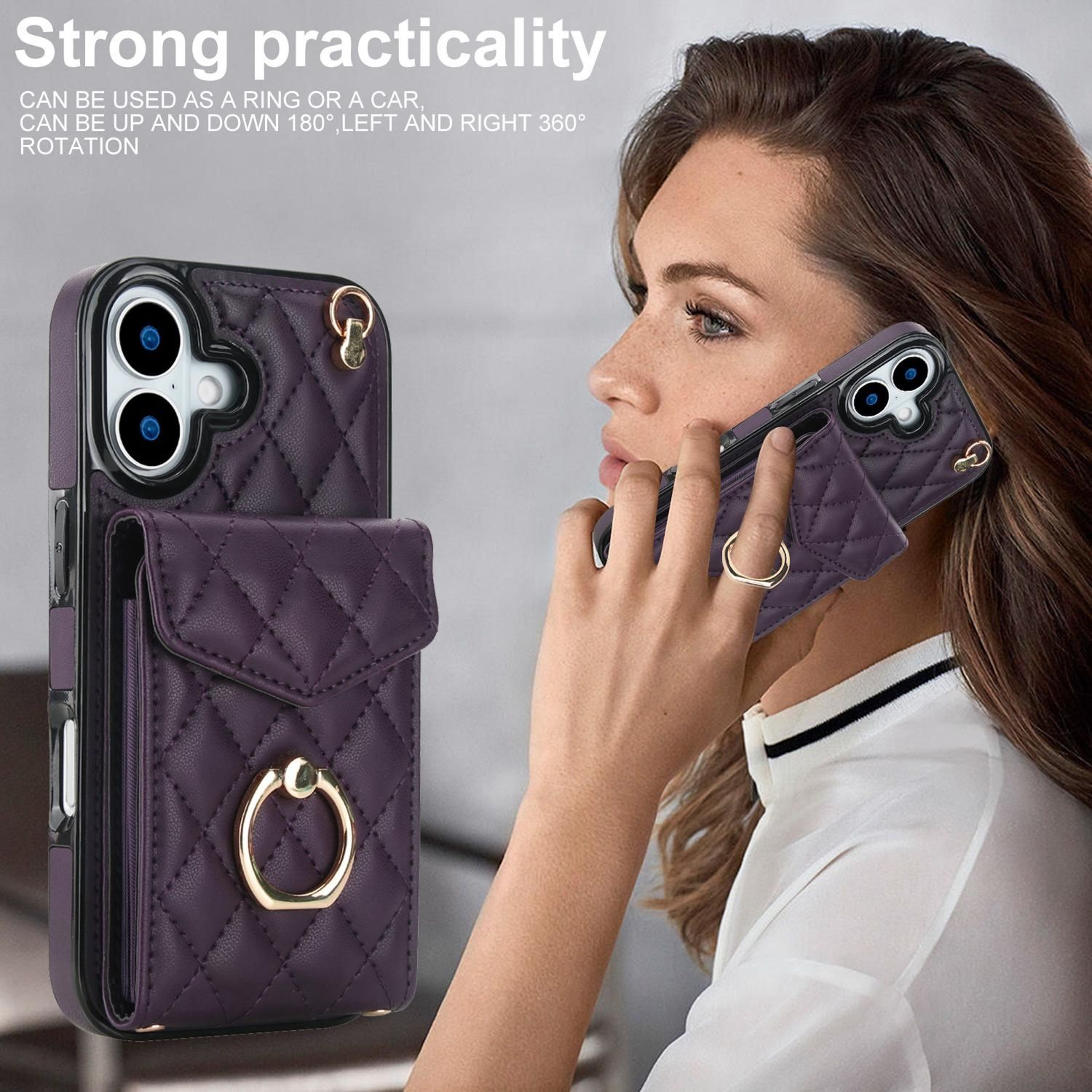 Una mujer sostiene una funda morada para teléfono en su oído. La funda tiene un anillo y un bolsillo. El texto de fondo dice 'Practicidad fuerte'.