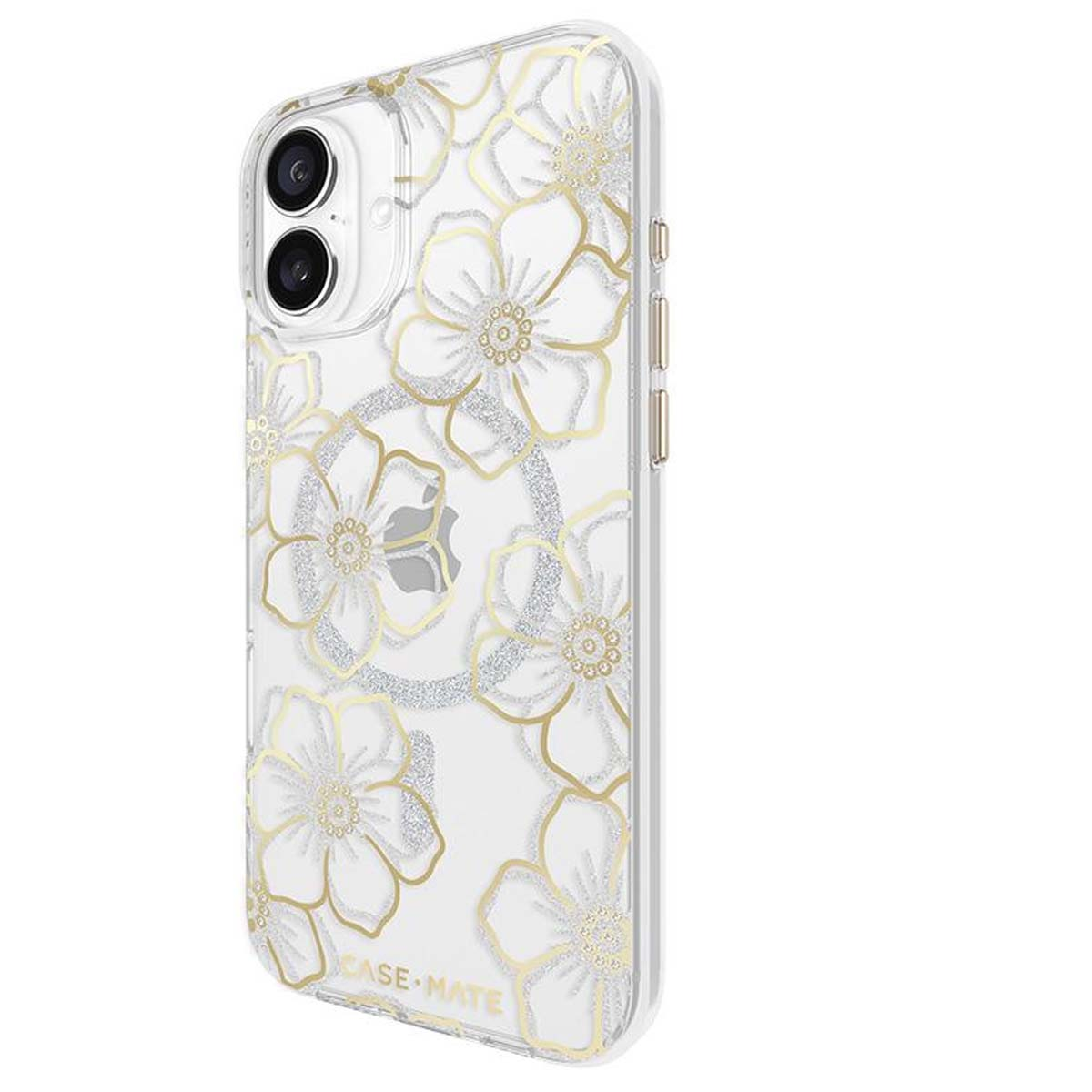 Una custodia trasparente per telefono decorata con contorni di fiori dorati e glitter argentati. Il telefono ha due fotocamere e il logo Case-Mate.