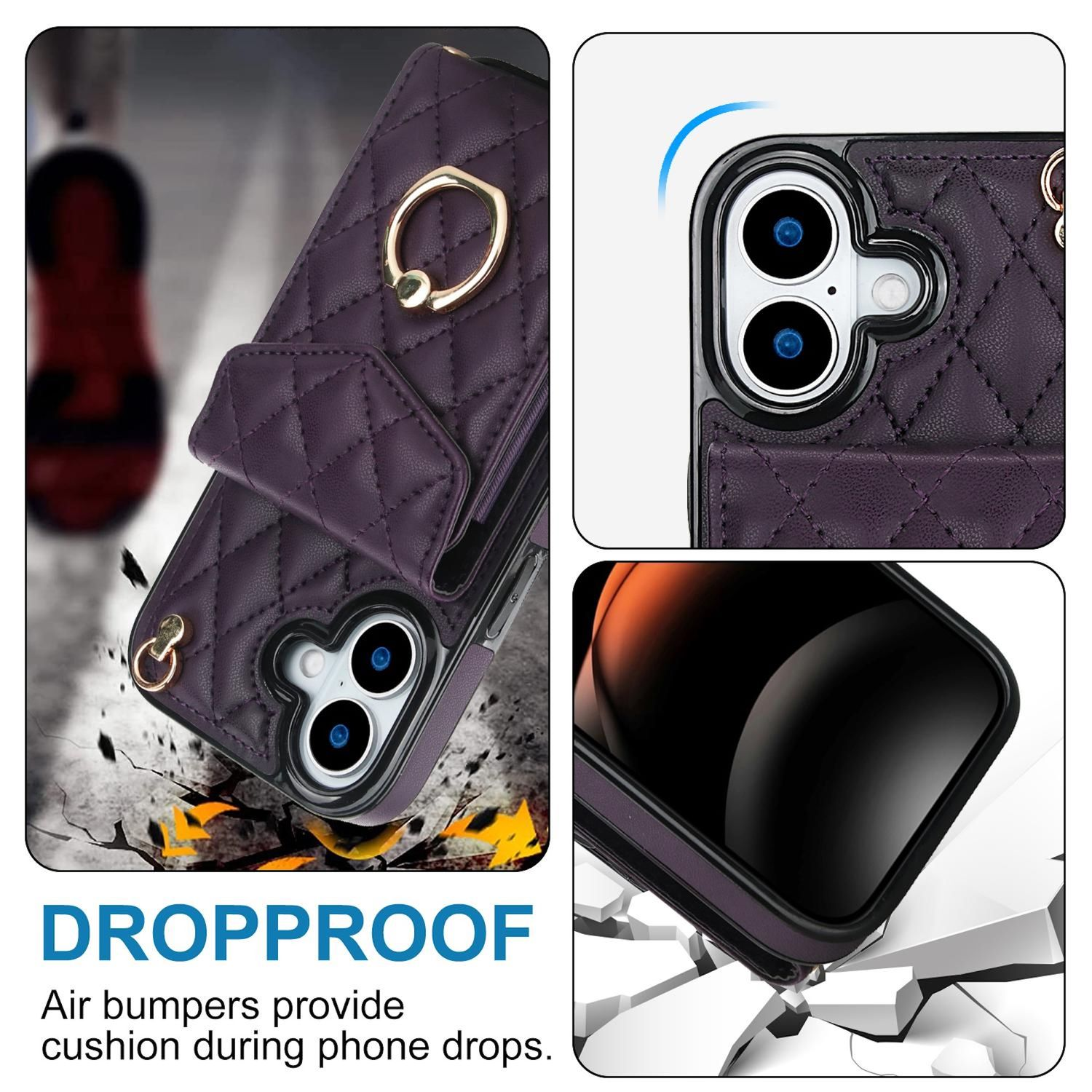 Funda de teléfono morada con anillo y correa dorados. Muestra un teléfono con una funda protectora, costuras de diamante y texto a prueba de caídas.