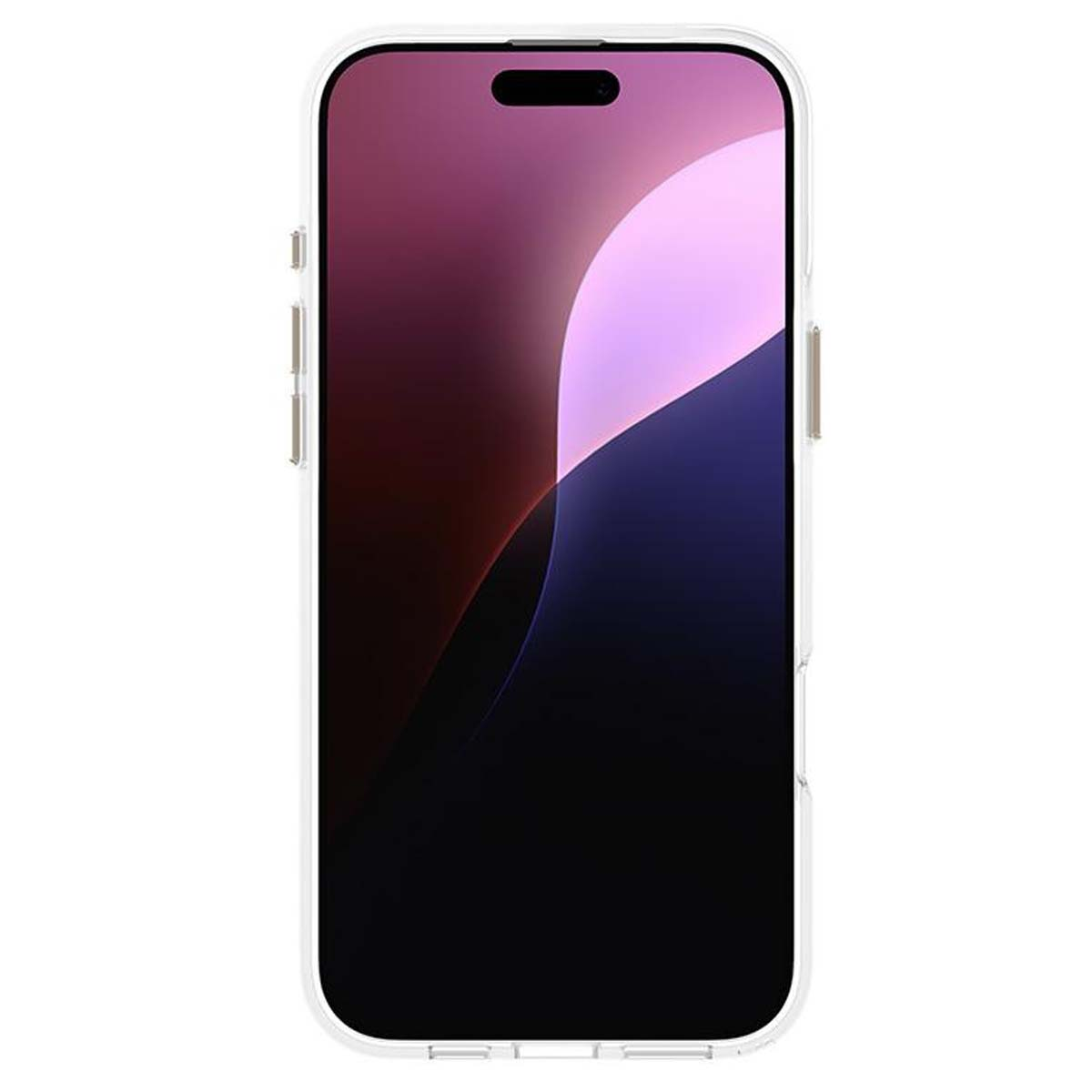 Uno smartphone in una custodia trasparente. Lo schermo mostra un gradiente di viola, rosa e nero. Il telefono ha una cornice bianca.