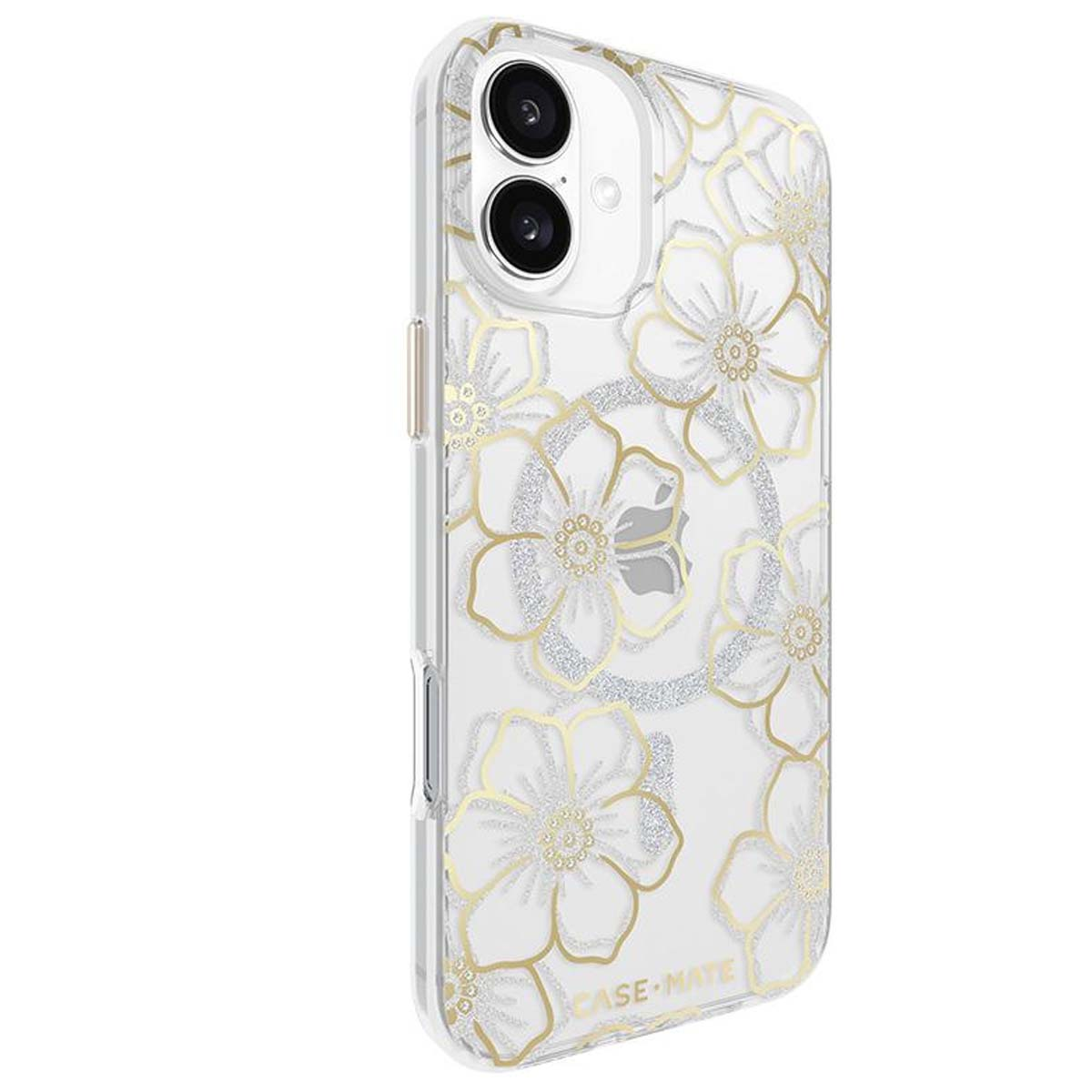 Una custodia trasparente per telefono con design floreale dorato. Le lenti della fotocamera del telefono sono visibili. Il marchio 'Case Mate' è in basso.