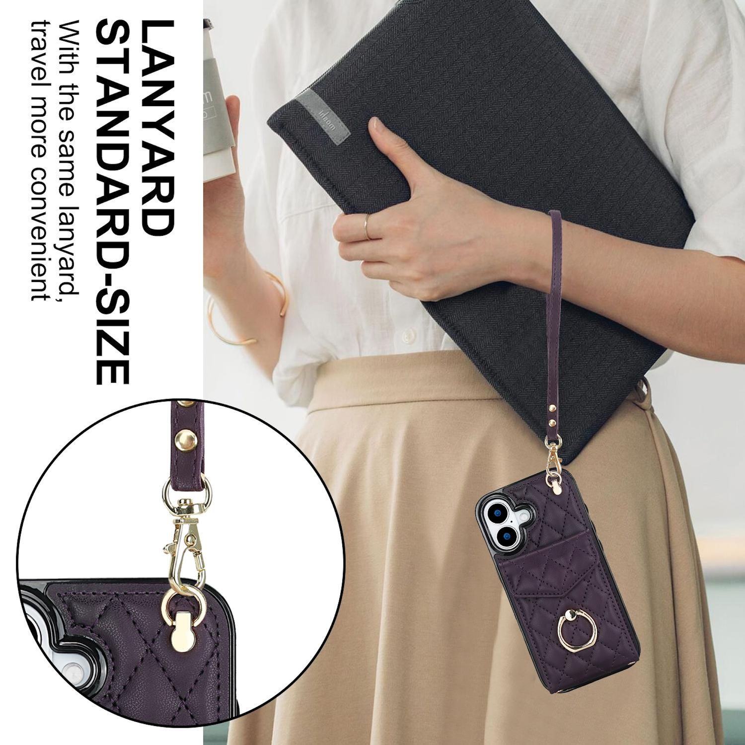 Una persona sosteniendo una funda oscura y un teléfono con un cordón. El teléfono está en una funda morada con un soporte para anillos. El fondo está borroso.