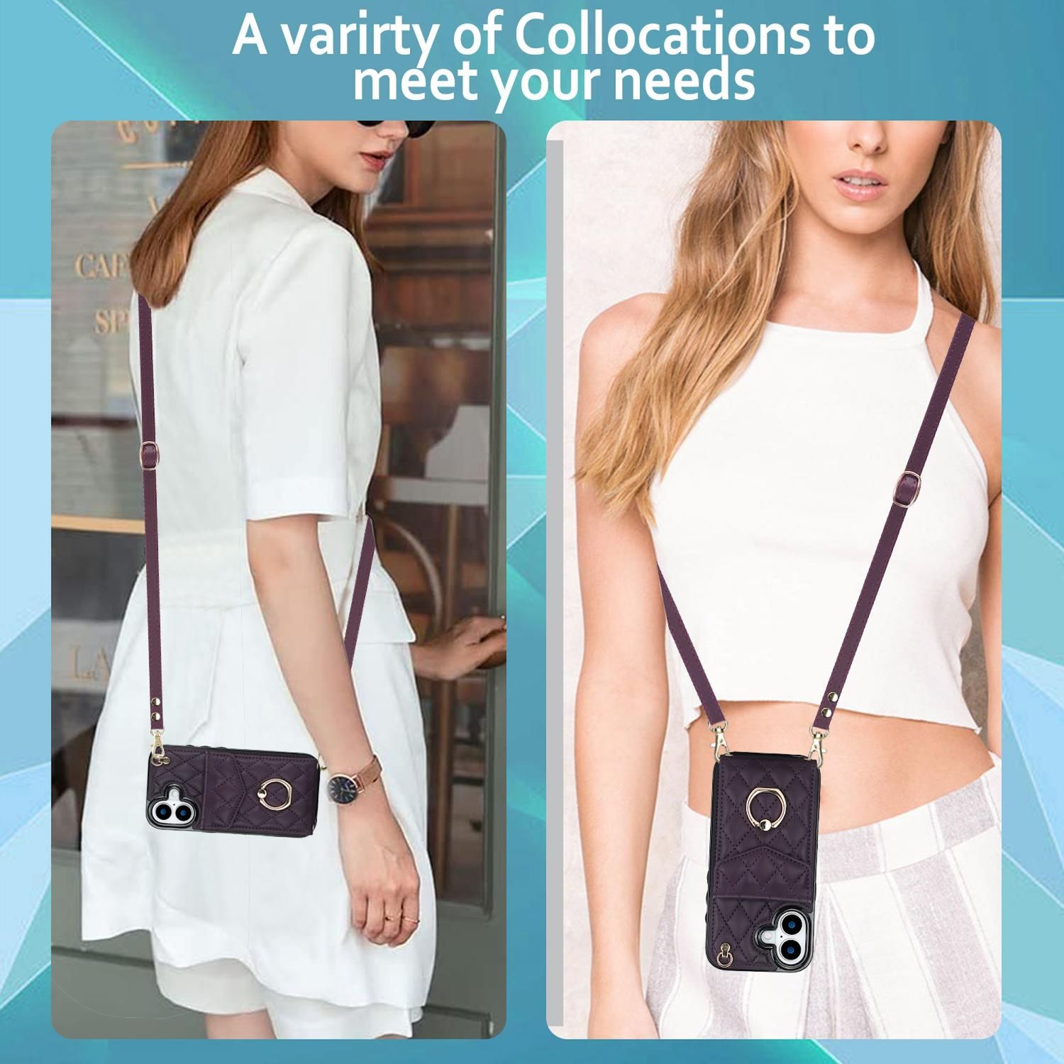 Dos mujeres con fundas de teléfono con correas. Una con vestido blanco, otra con top blanco. Ambas fundas moradas oscuras.
