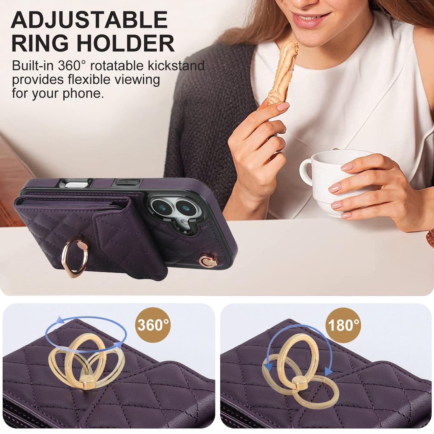Mujer sosteniendo galleta y taza blanca. Se muestra una funda de teléfono con soporte de anillo. El texto dice: 'Soporte de anillo ajustable'.