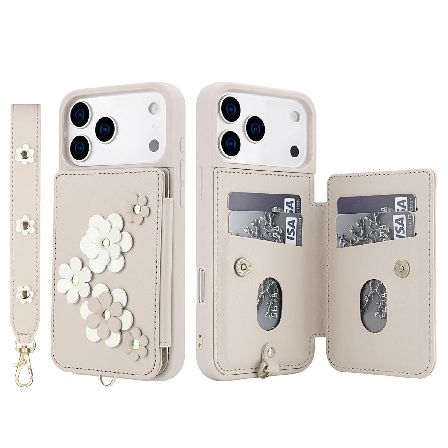 Dos fundas de teléfono con tarjetas de crédito. Una tiene correa. Ambas son beige con decoraciones florales y tres lentes de cámara cada una.