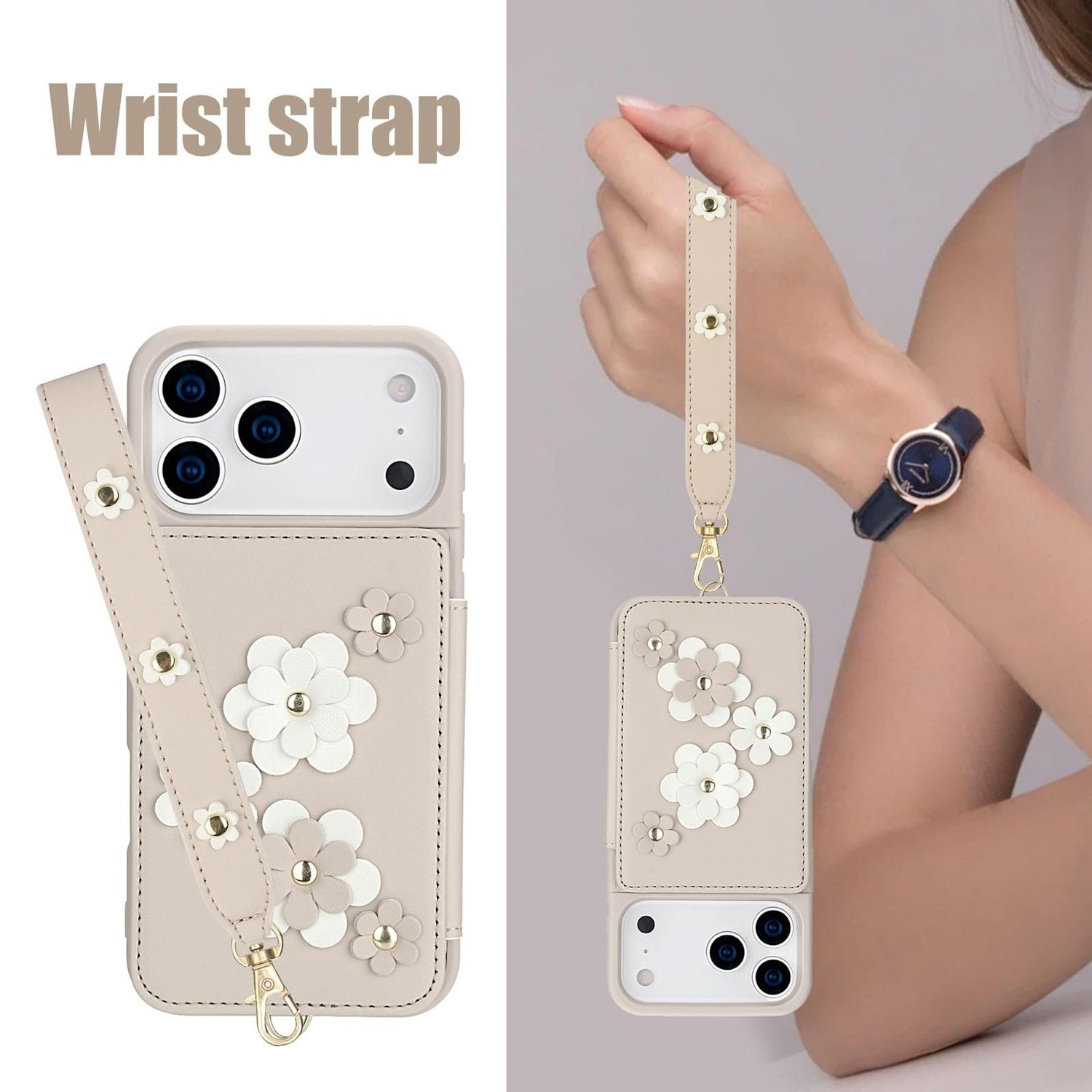 Una funda de teléfono beige con correa para la muñeca. La funda tiene adornos florales blancos y beiges. Una mujer sostiene la correa.