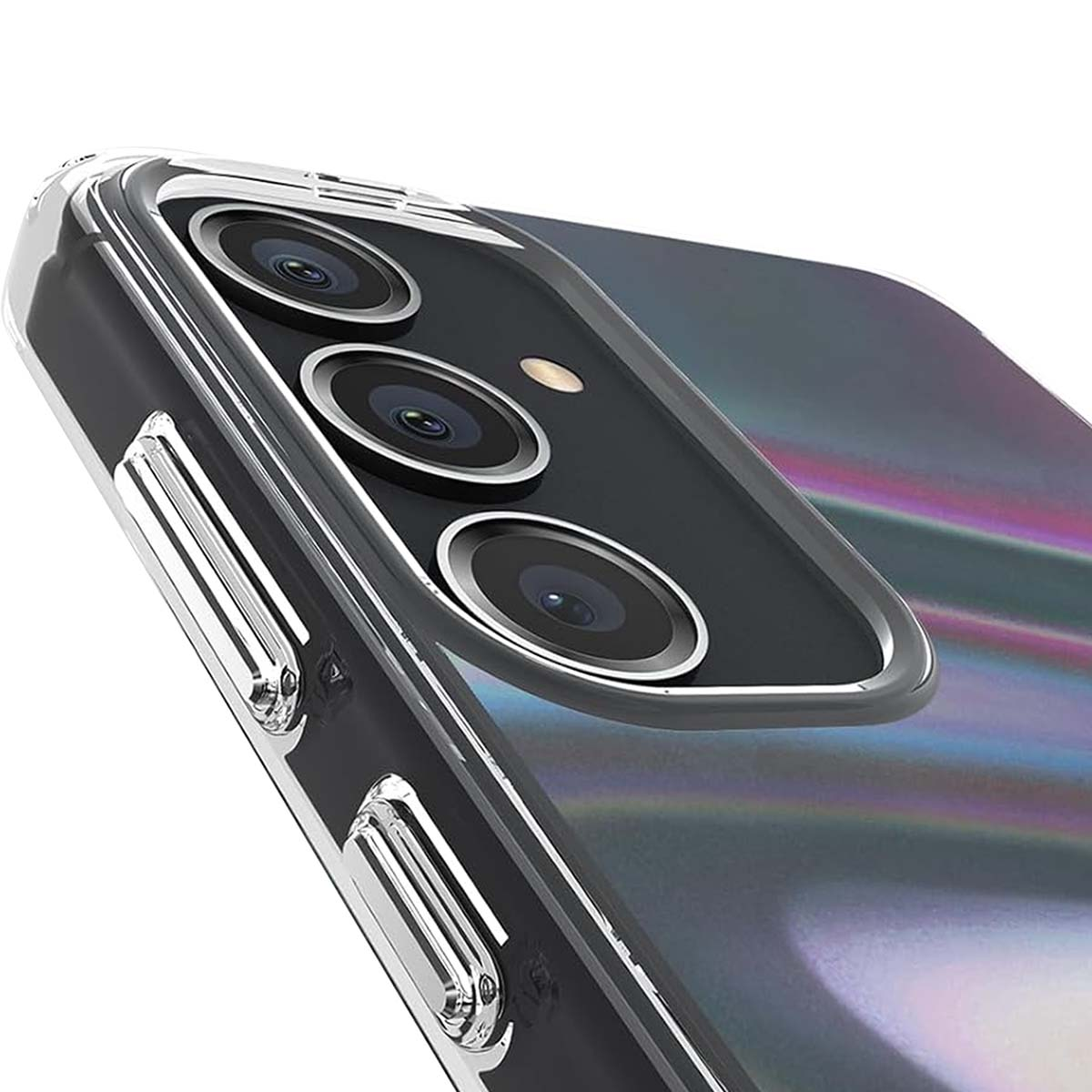 Primo piano di uno smartphone con una custodia protettiva trasparente. Sono visibili tre obiettivi della fotocamera. La custodia ha pulsanti argentati.