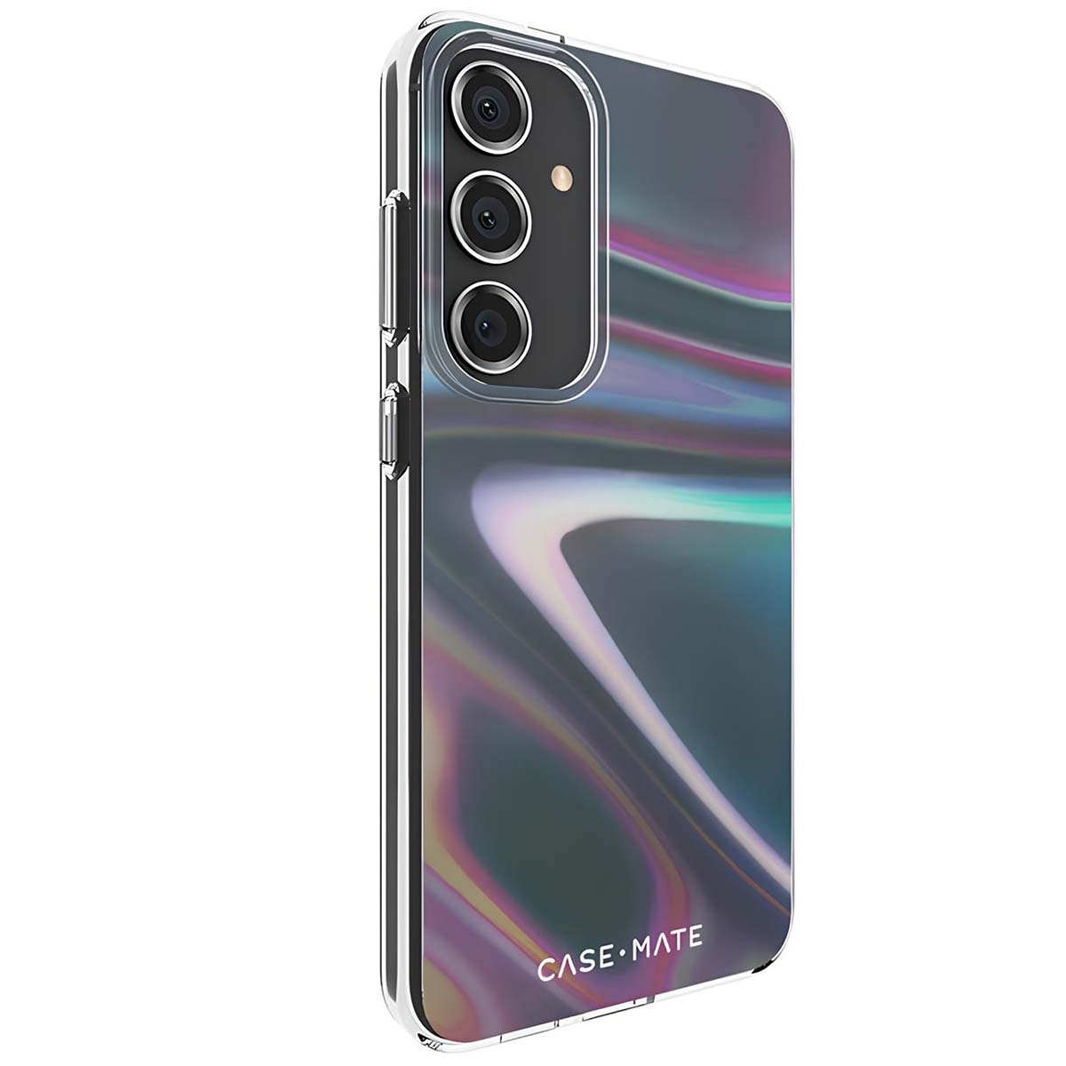 Uno smartphone in una custodia trasparente. La custodia ha un design a spirale con colori iridescenti. La custodia è etichettata CASE•MATE.