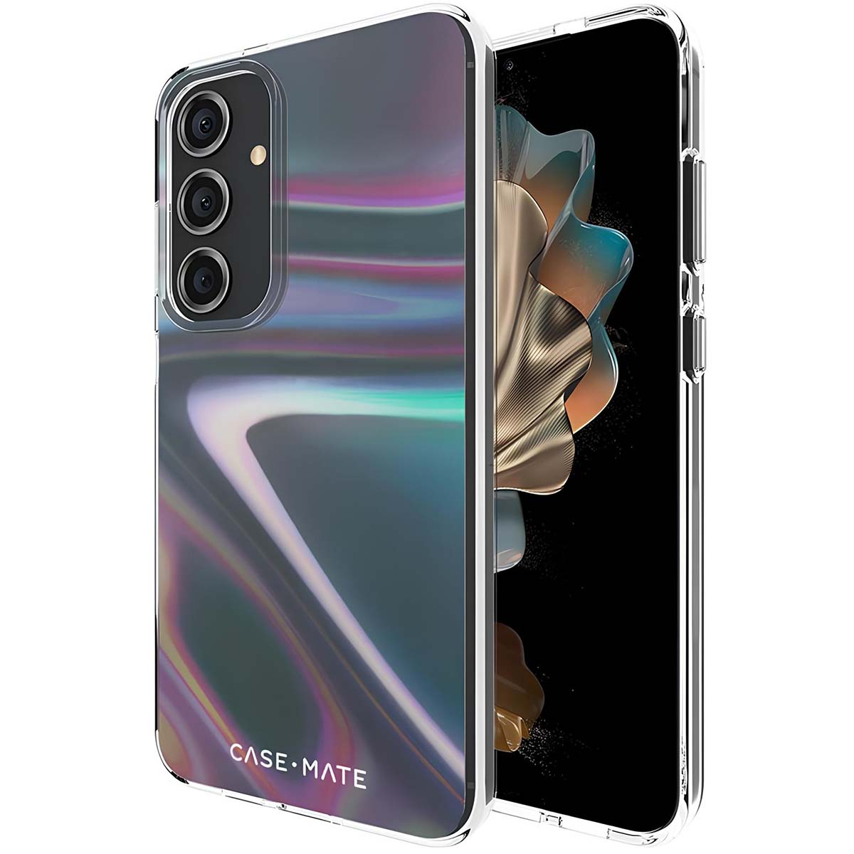 Uno smartphone in una custodia trasparente con retro iridescente. Lo schermo mostra un design astratto dorato. La custodia dice CASE•MATE.