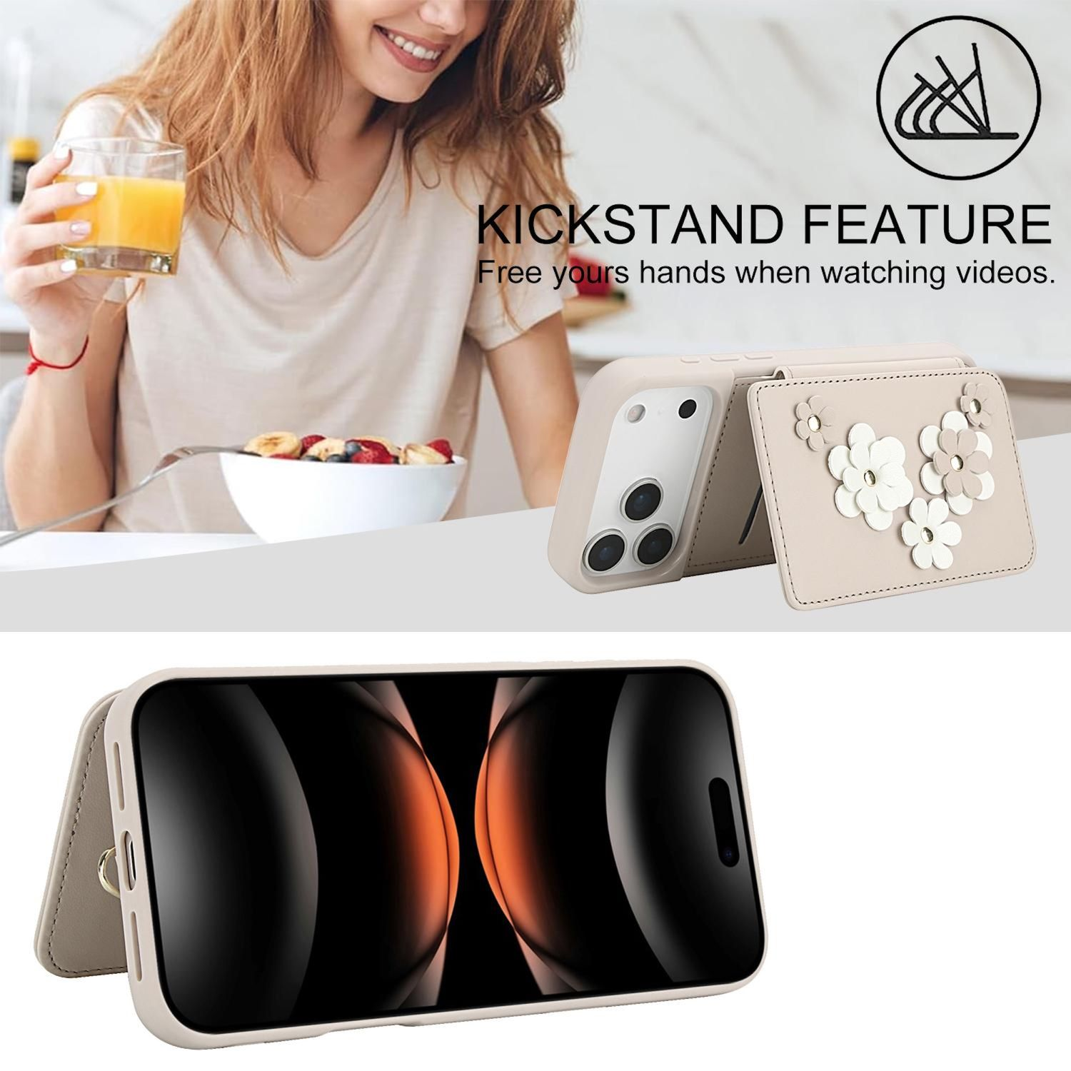 Mujer sosteniendo jugo, funda de teléfono con flores y un teléfono en el soporte. Texto: Función de soporte.