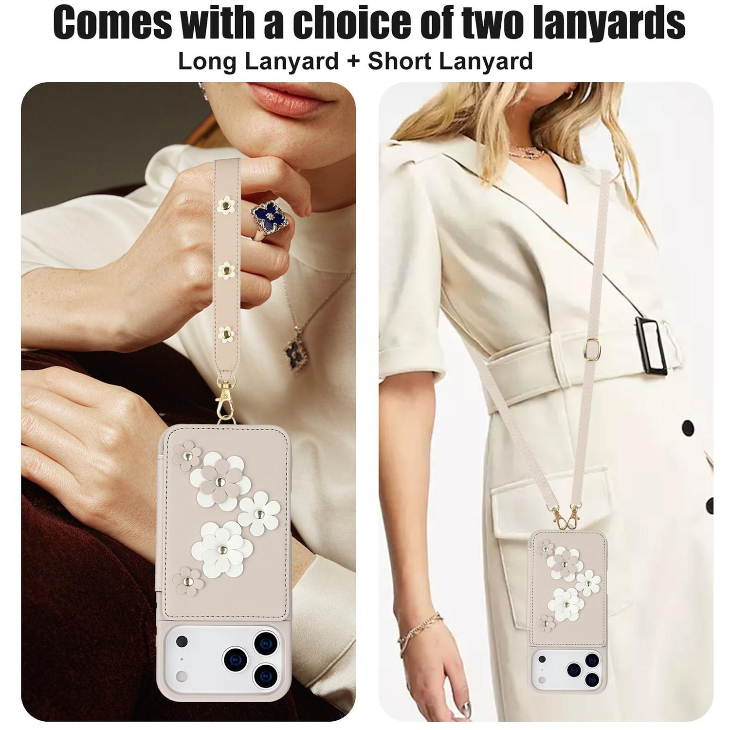 Dos mujeres muestran fundas para teléfono con diseños florales y cordones desmontables. Una tiene un cordón corto, la otra uno largo.