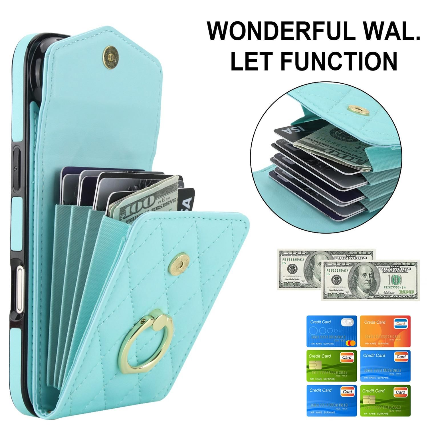 Una funda de teléfono-cartera azul claro con efectivo y tarjetas de crédito visibles. Tiene un soporte de anillo dorado y cierre magnético.