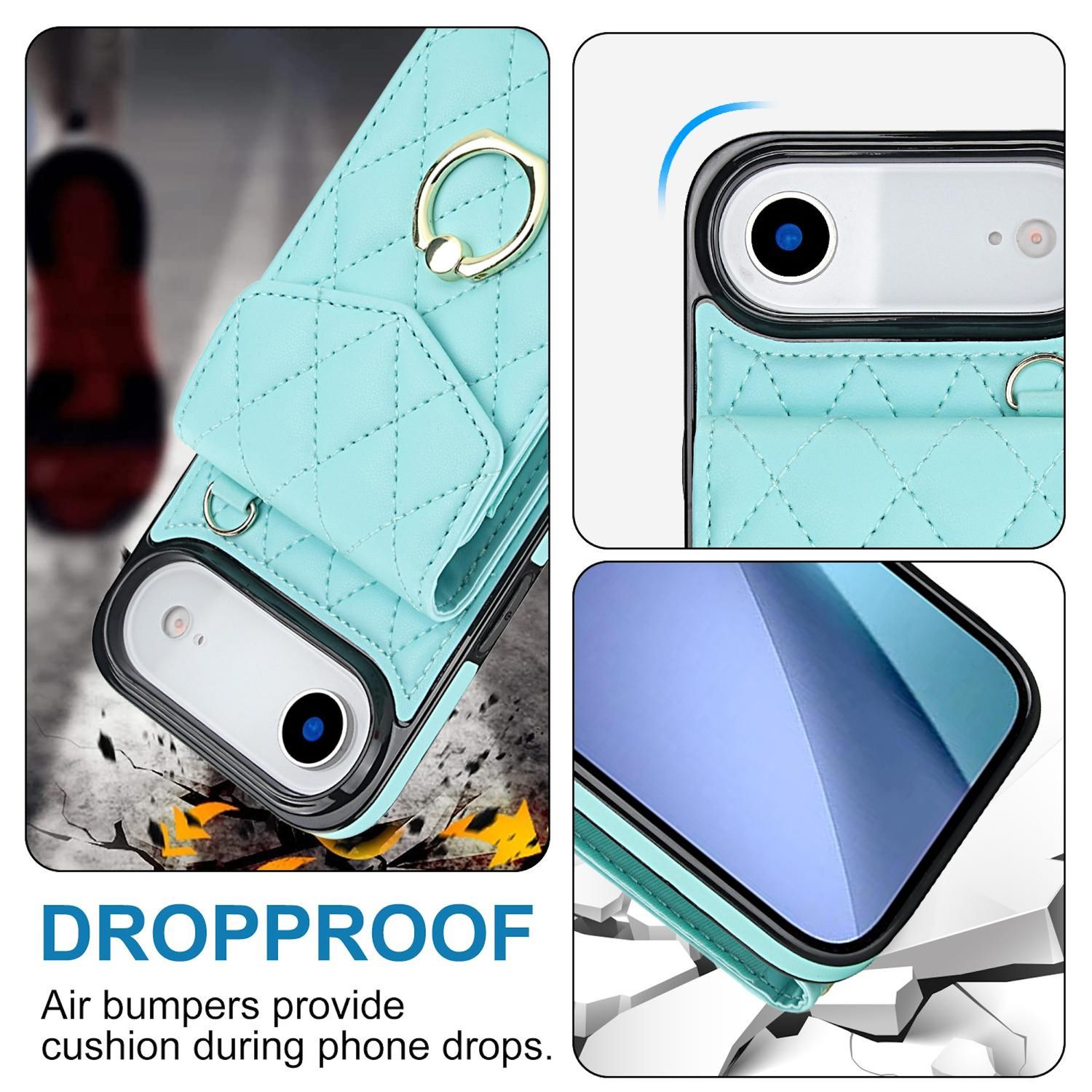 Una funda para teléfono a prueba de caídas en azul claro, con un soporte de anillo y una fijación de correa. La imagen muestra detalles de la funda y el teléfono.