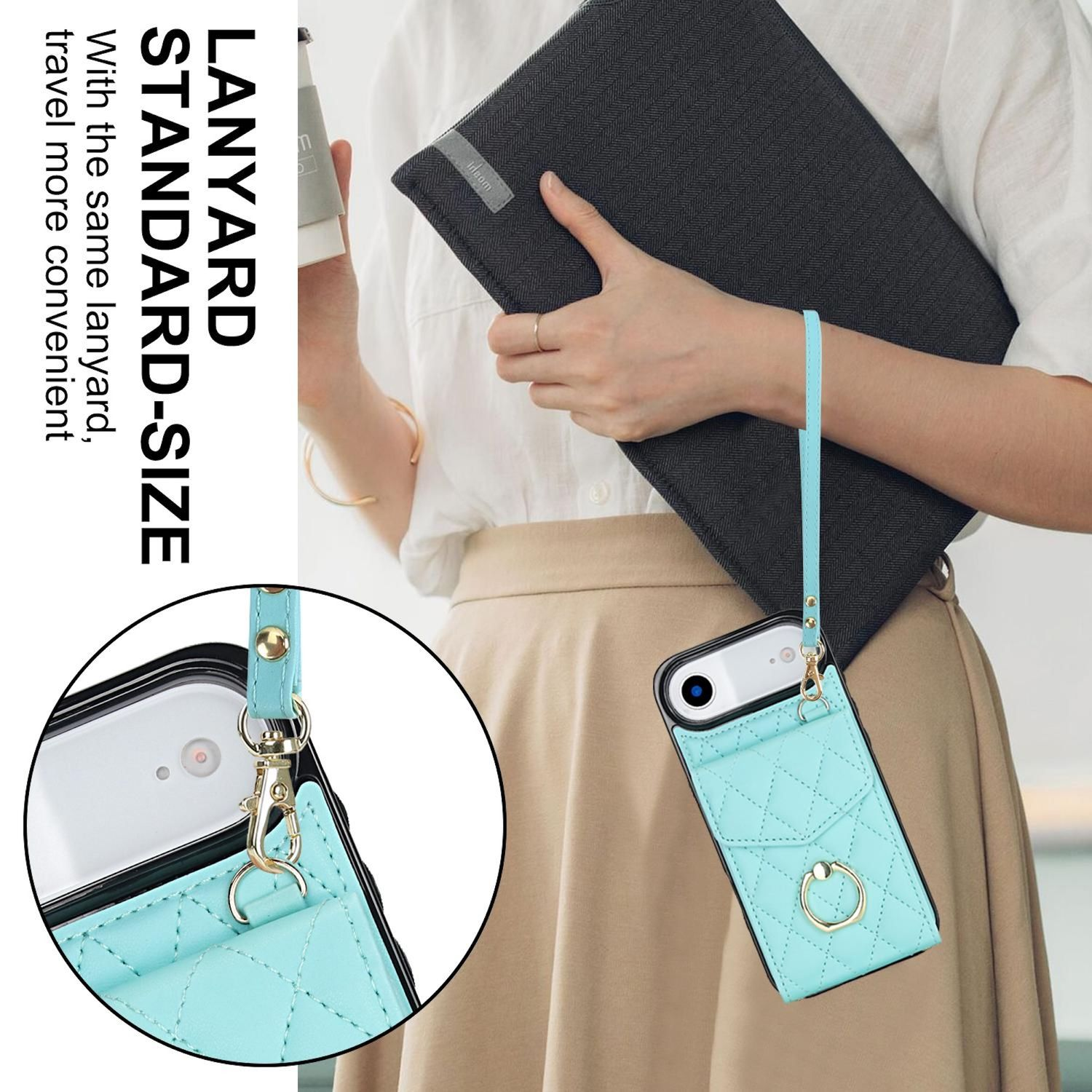 Una persona sostiene una funda de teléfono con un cordón. La funda es turquesa, con un anillo. Una funda negra está en el fondo.