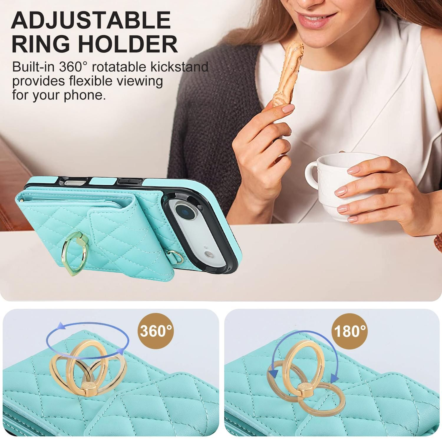 Se muestra una funda de teléfono turquesa con un soporte de anillo. Una mujer sostiene un bocadillo y una taza blanca. El texto dice 'soporte de anillo ajustable'.
