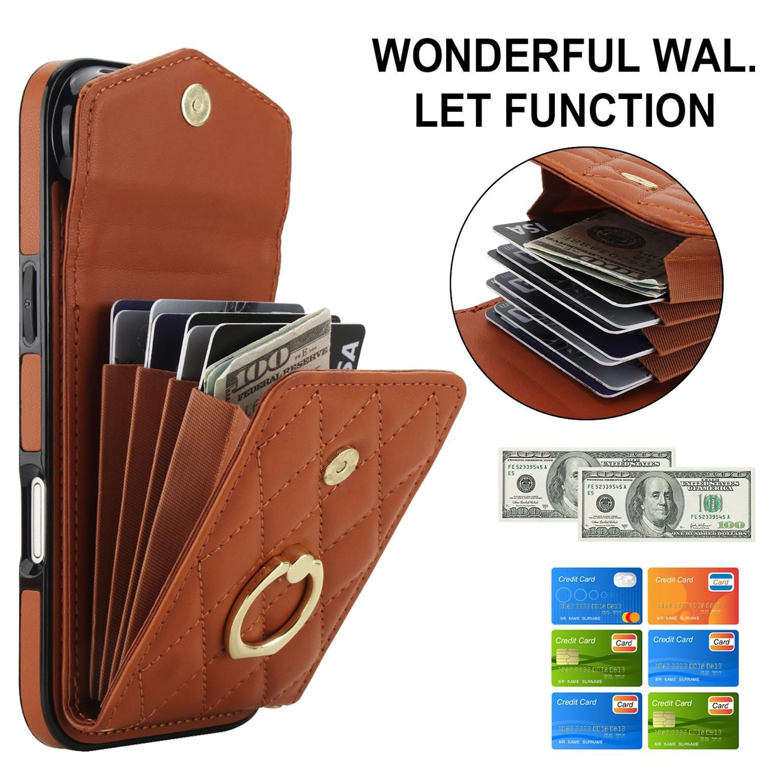 Funda de teléfono marrón con ranuras para tarjetas, dinero y tarjetas de crédito. Incluye un anillo dorado y cierre de botón.