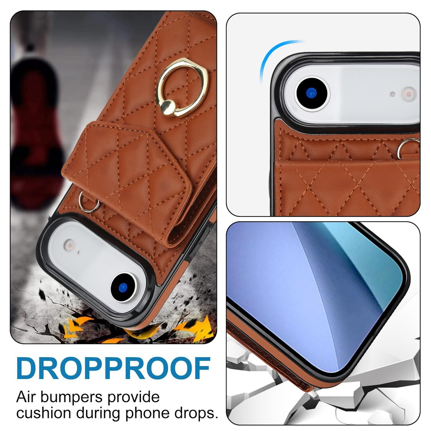 Funda de teléfono marrón con anillo y textura acolchada. Afirmación a prueba de caídas con protección de parachoques de aire, pantalla visible y daños.