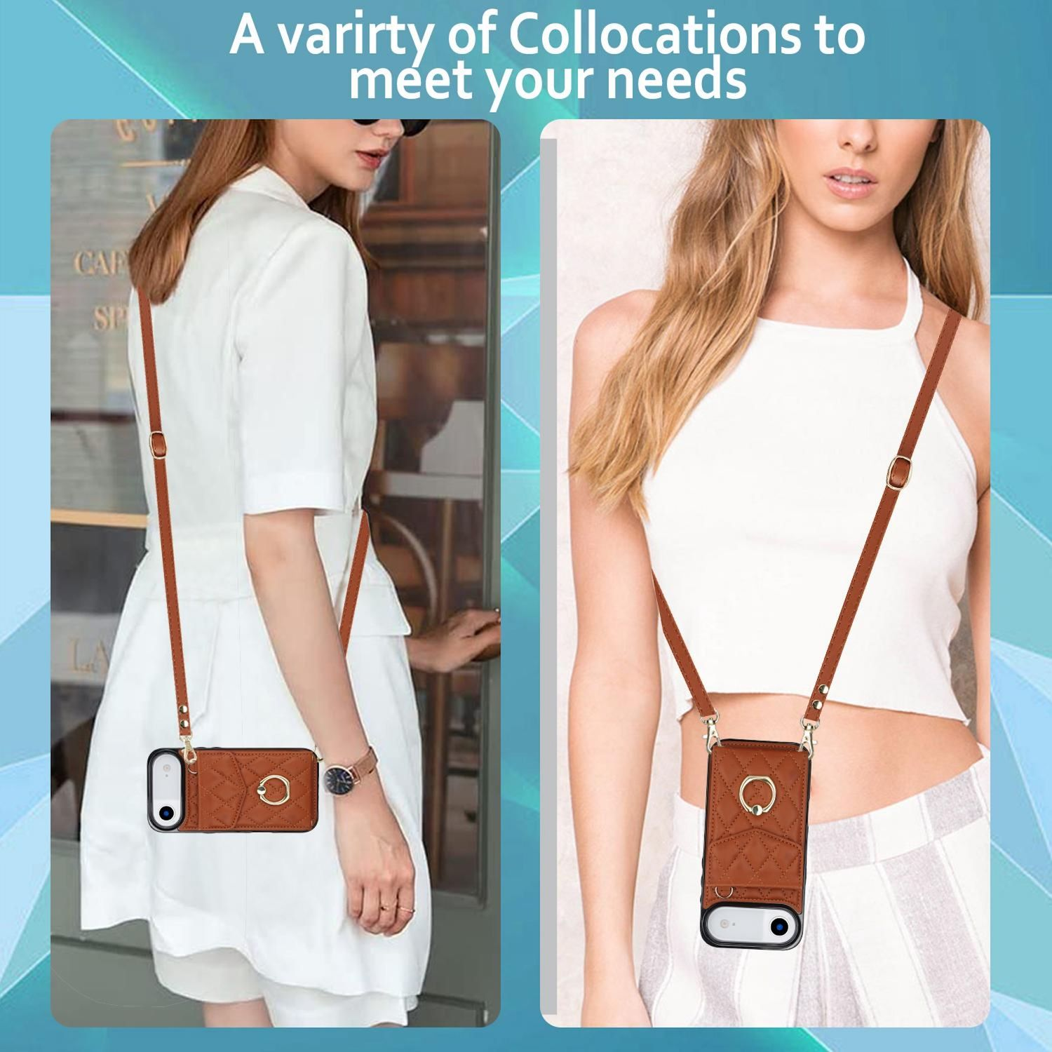 Dos mujeres usando fundas para teléfonos con correas. Las fundas son de cuero marrón. La mujer de la izquierda usa un vestido blanco. La otra, una camiseta blanca.