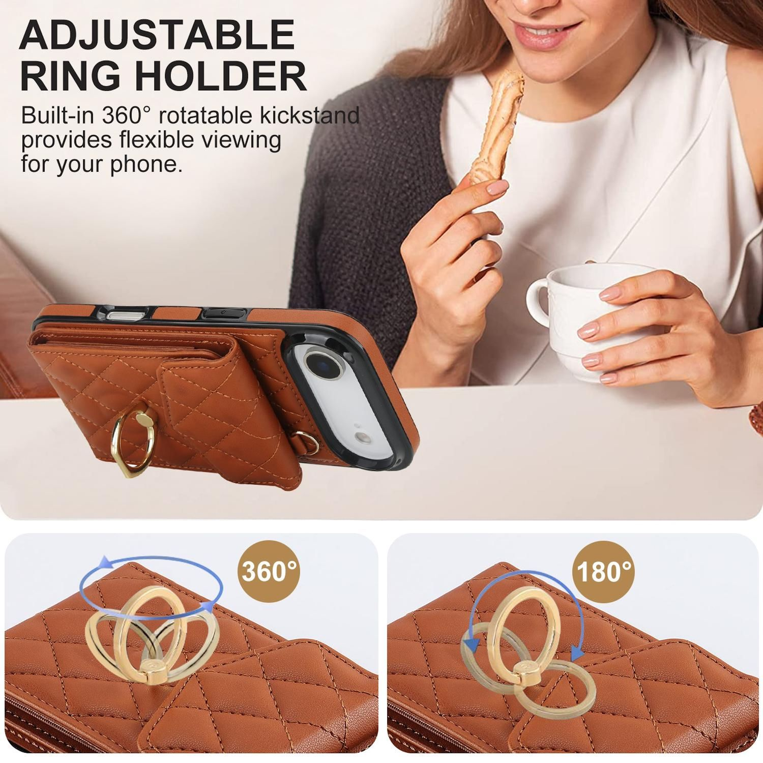 Una mujer sostiene una galleta con una funda para teléfono con un soporte de anillo. La funda es marrón, con un soporte giratorio de 360 grados.